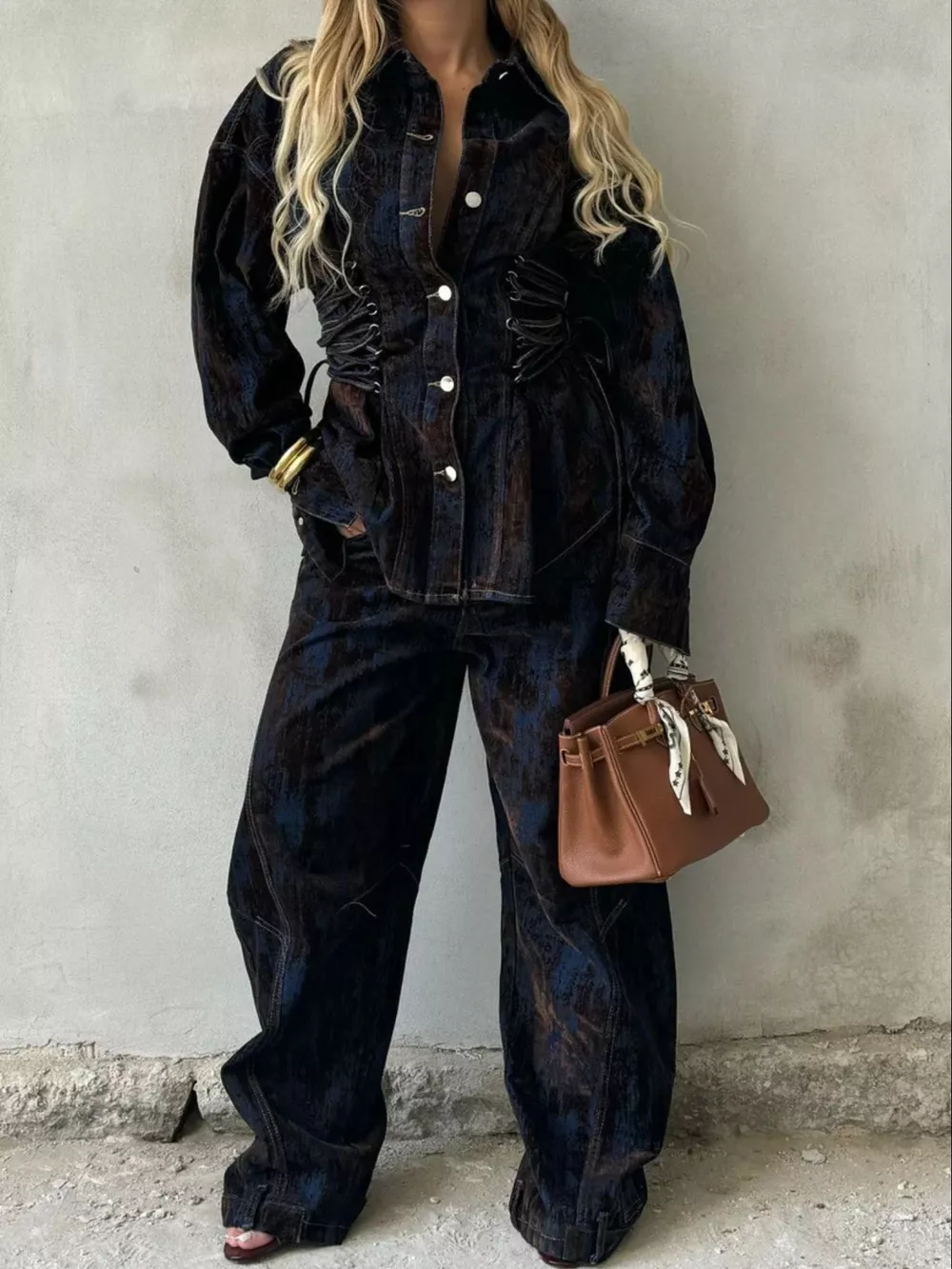 Lace Up Button Up Jacket and Jeans Denim Set, image 6