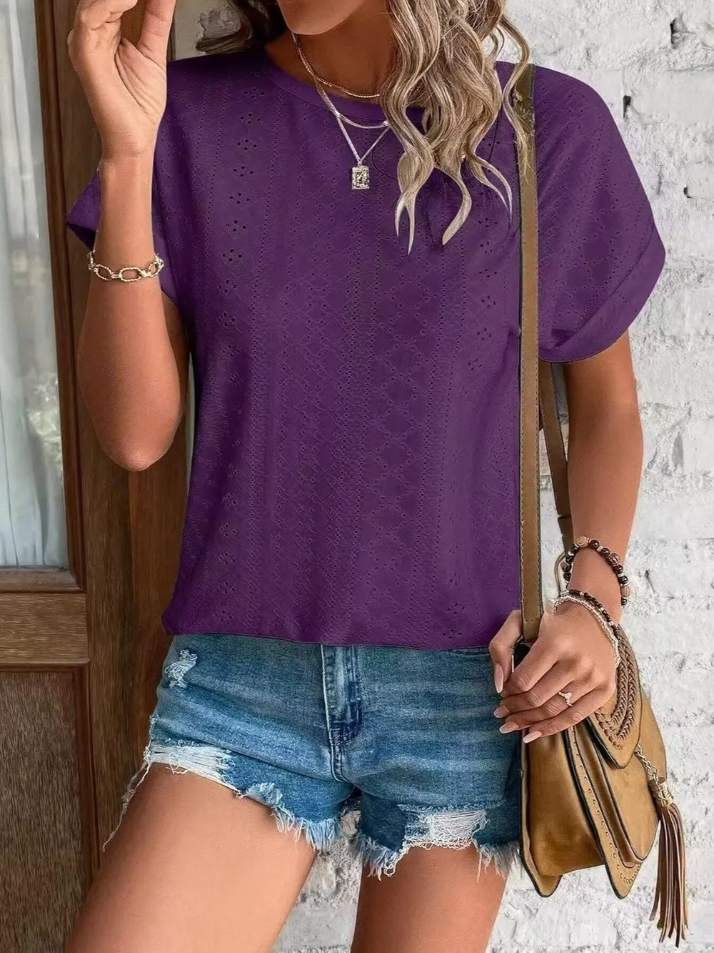Eyelet Round Neck Short Sleeve T-Shirt, image 5