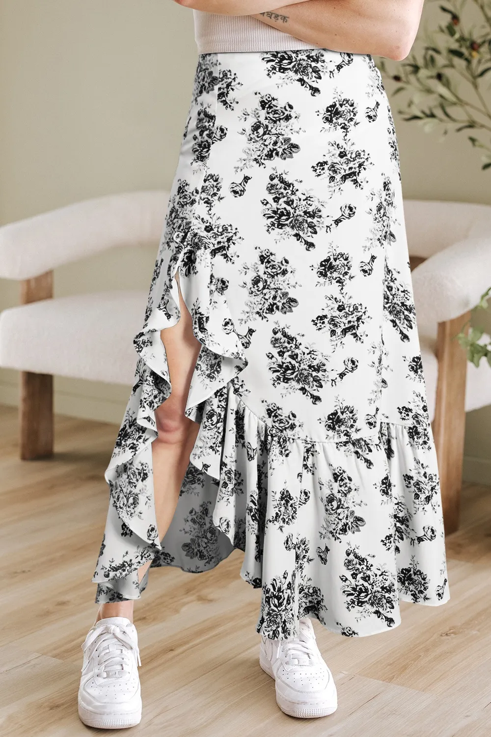Boho Floral High Waist Ruffle Split Maxi Skirt, image 4