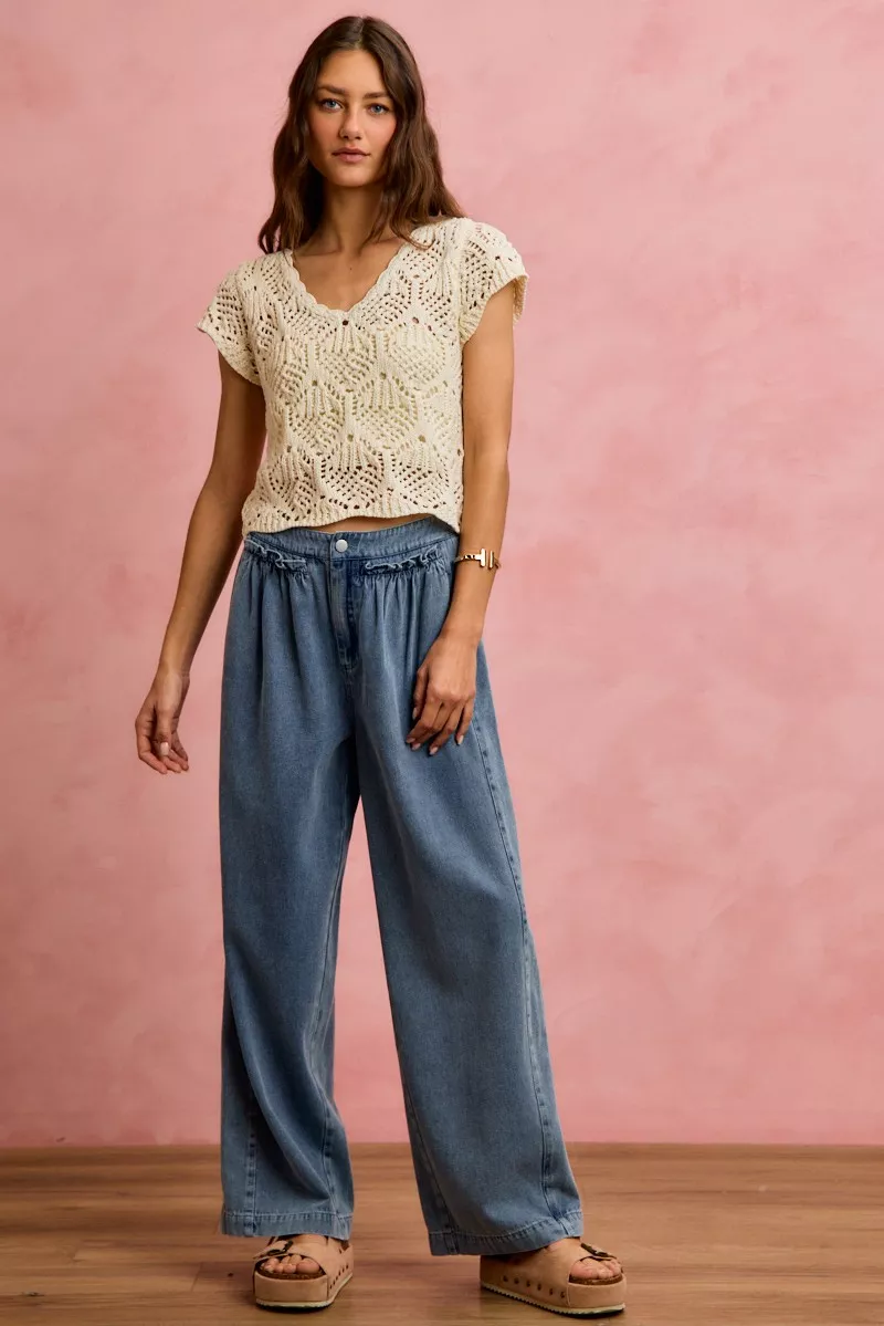 Mid Rise Ruffled Front Elastic Wide Leg Jeans, image 7