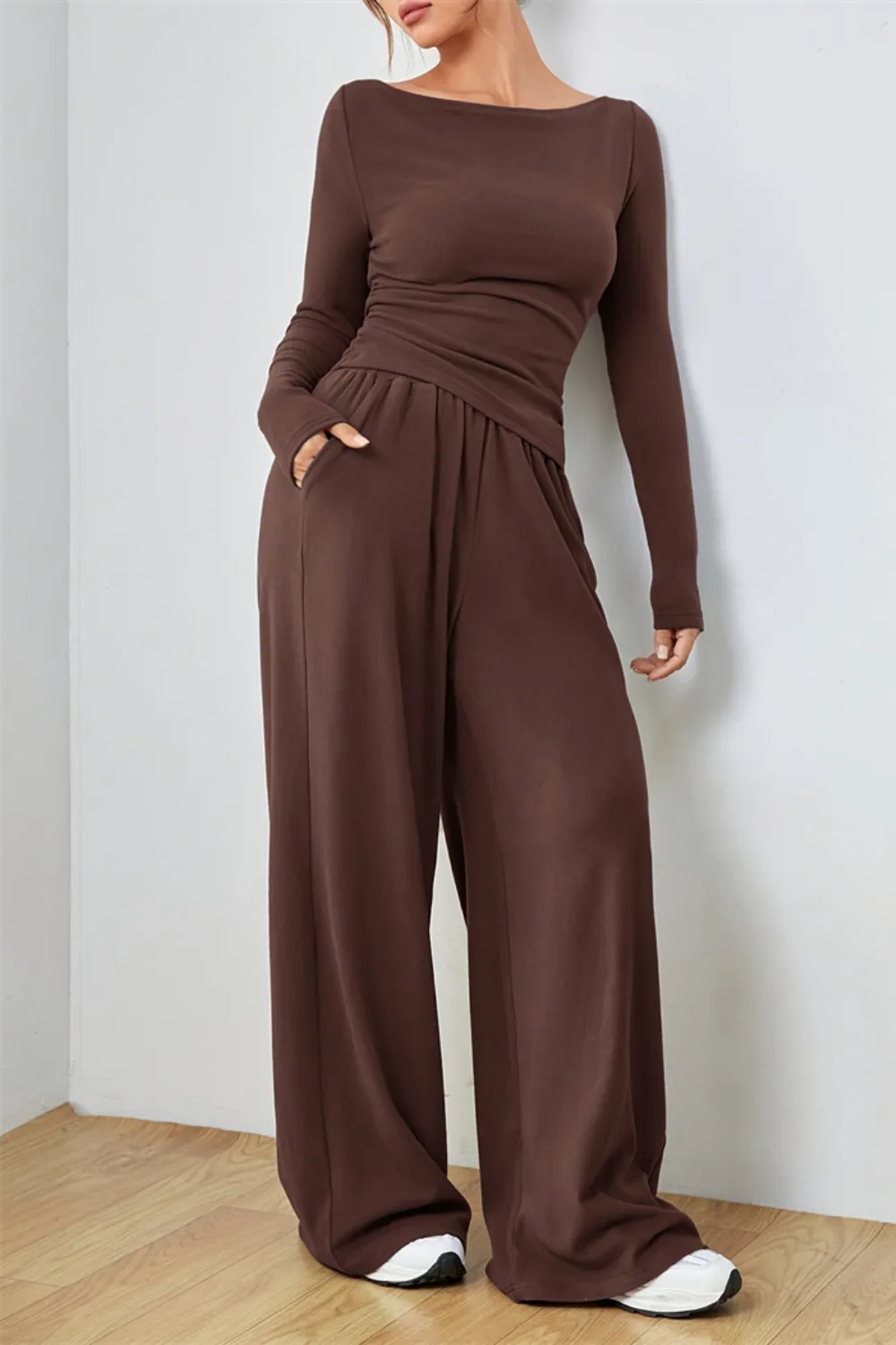 Boat Neck Long Sleeve Top and Pants Set, image 6
