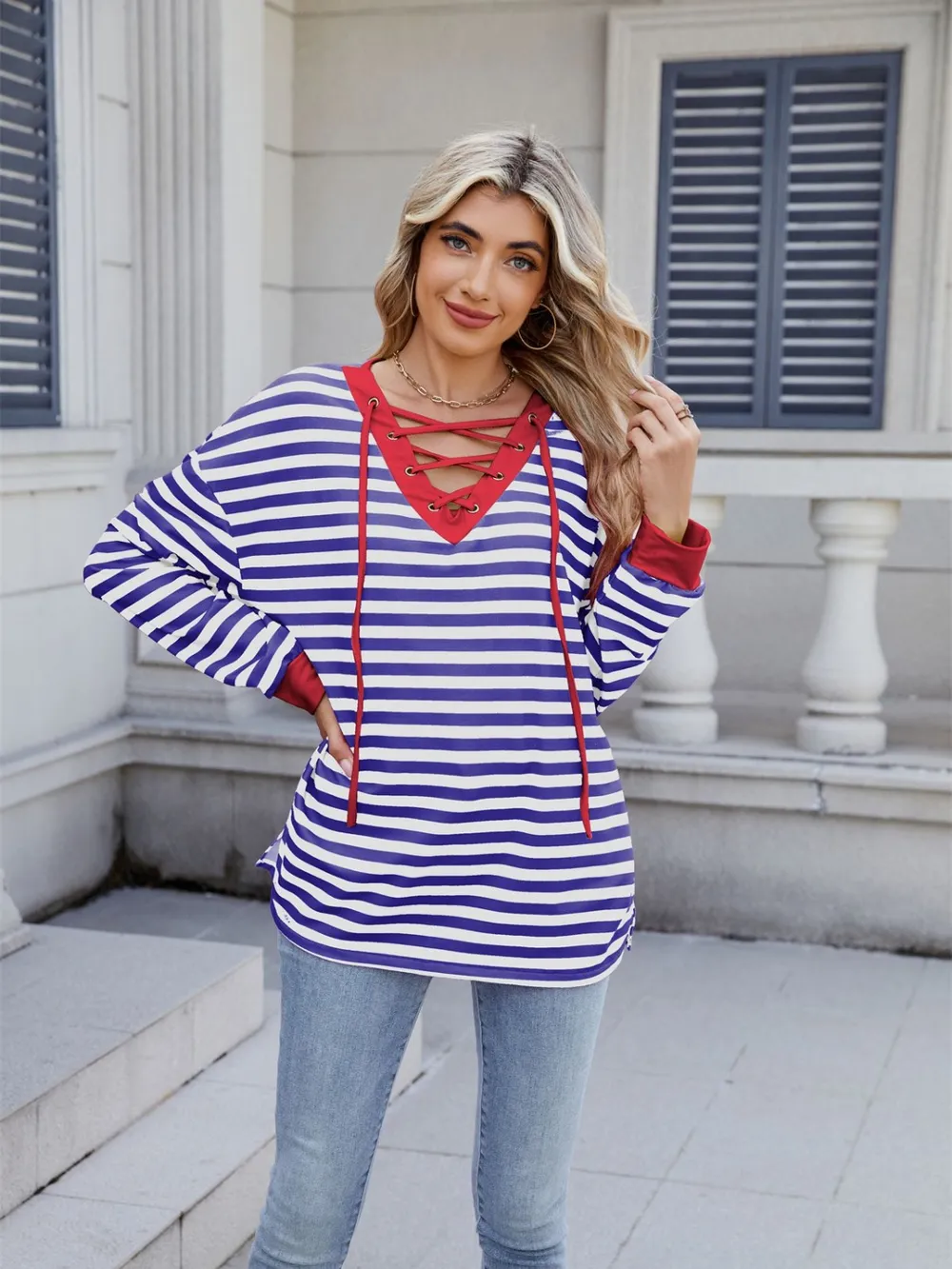Lace-Up Striped Long Sleeve T-Shirt, image 23