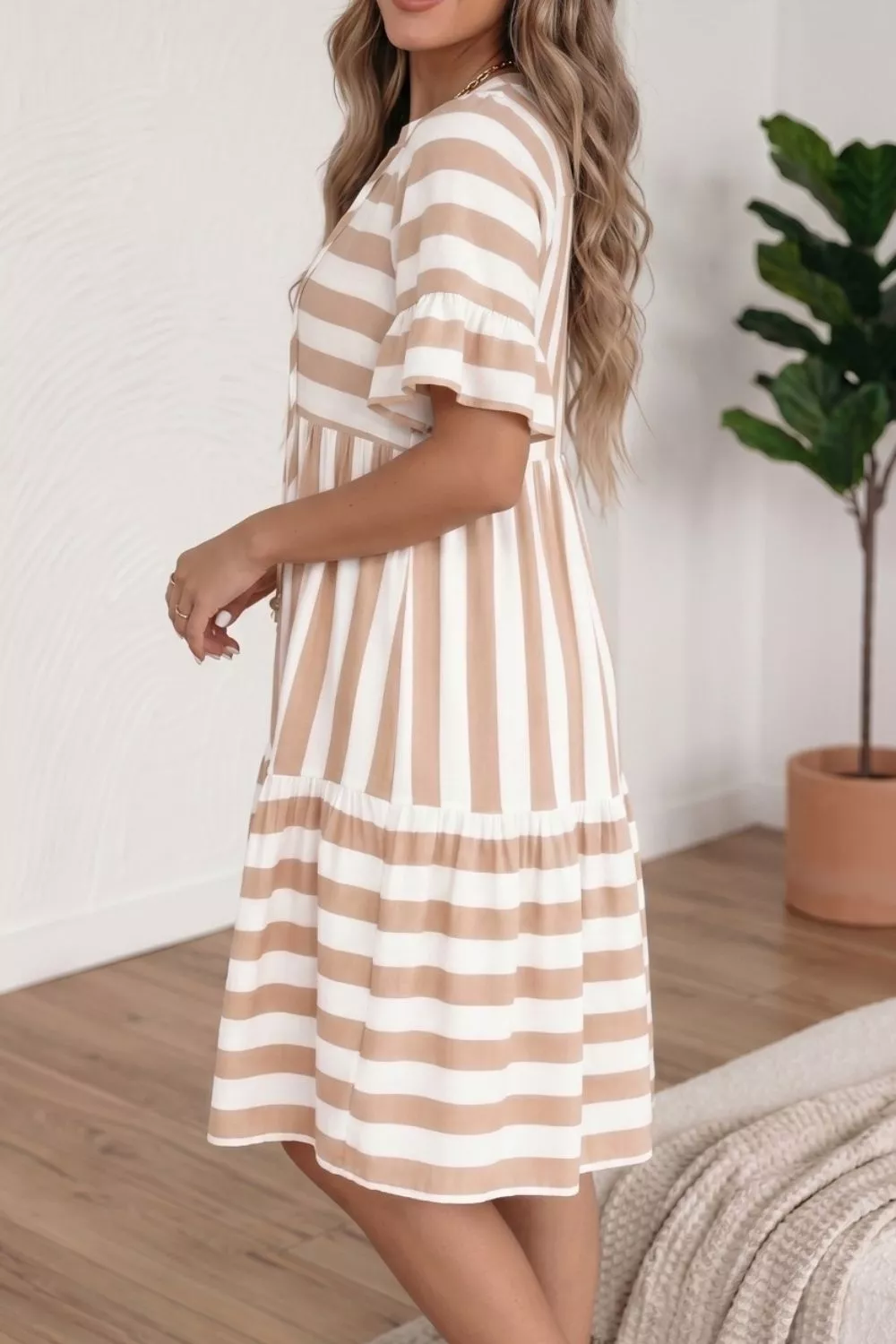 Stripe Tie V Neck Ruffle Trim Short Sleeve Flared Summer Dress, image 2