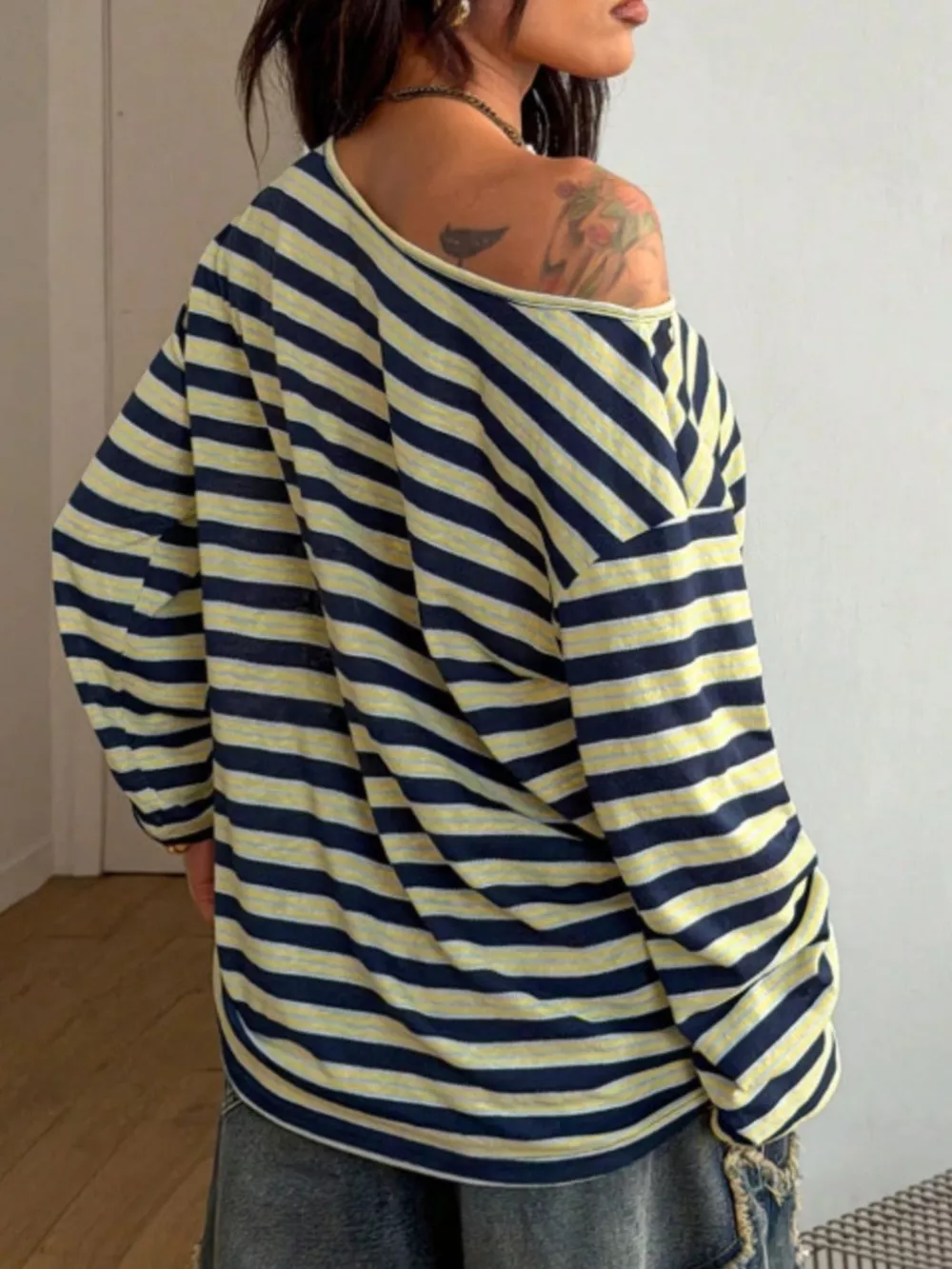 Off-Shoulder Striped Long Sleeve T-Shirt, image 7