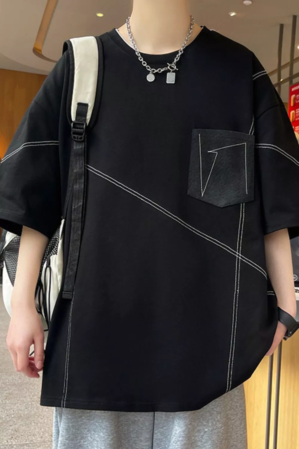 Men's Plus Size Contrast Stitching Oversized Round Neck T-Shirt, image 2