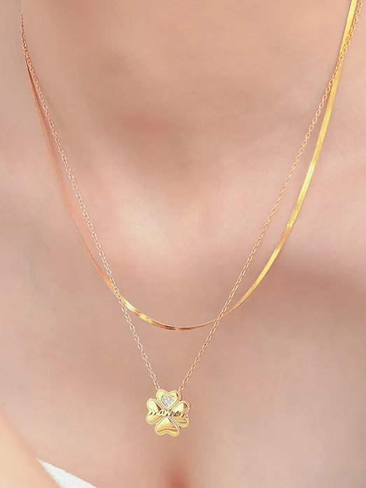 2 Piece 18K Gold-Plated Inlaid Zircon Lucky Clover Necklace, image 5