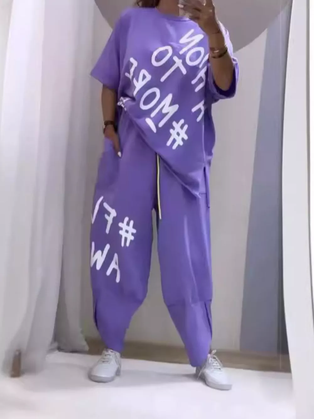 Full Size Letter Round Neck Tee and Drawstring Pants Set Plus Size, image 4