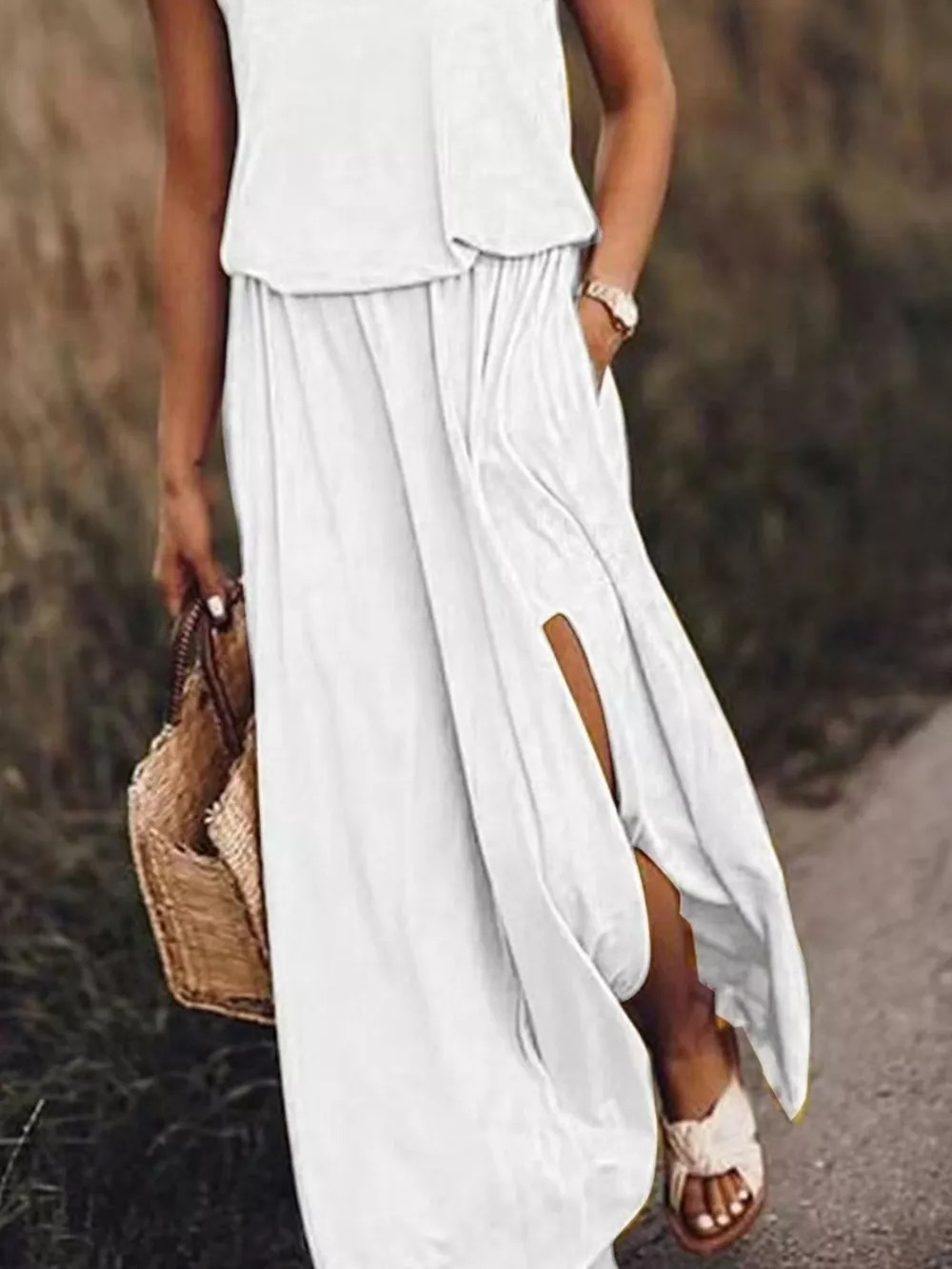 Full Size Round Neck Sleeveless Slit Maxi Dress Plus Size, image 4