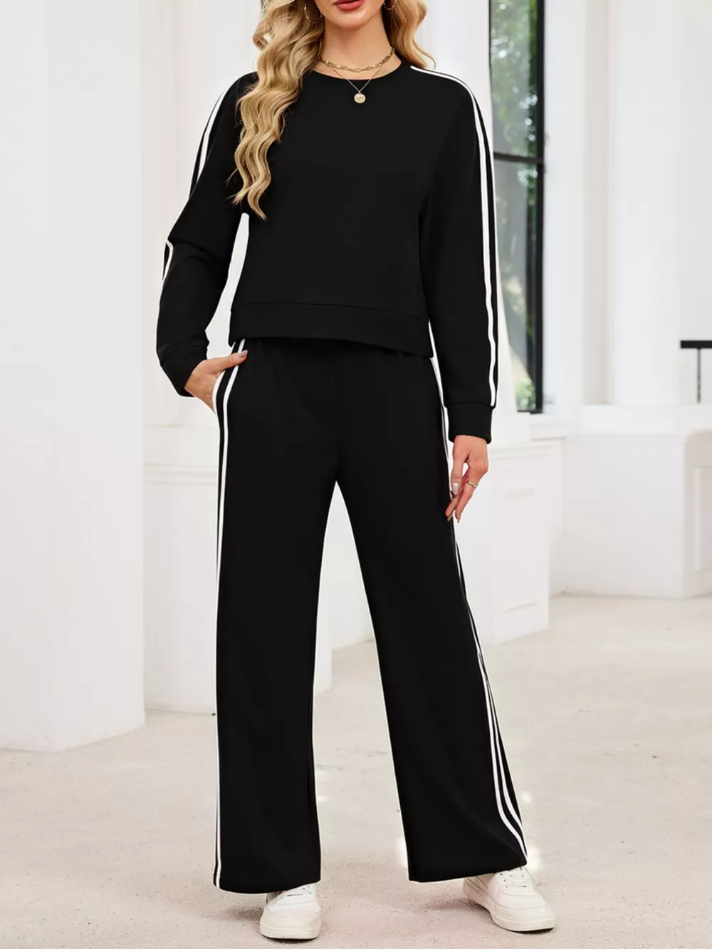 Striped Round Neck Sweatshirt and Pants Set, image 7