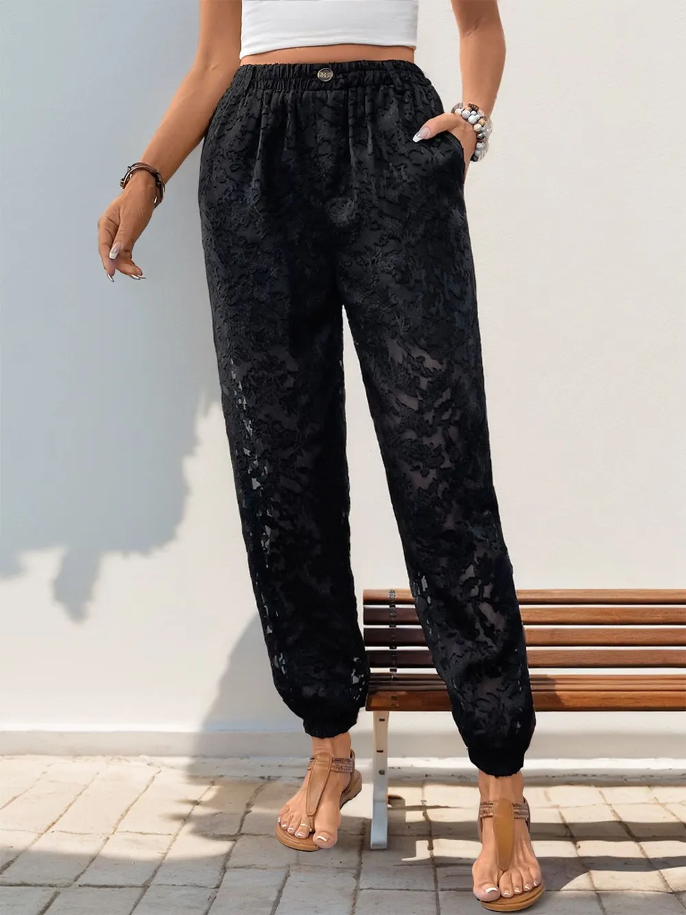 Pocketed Lace Elastic Waist Pants, image 2