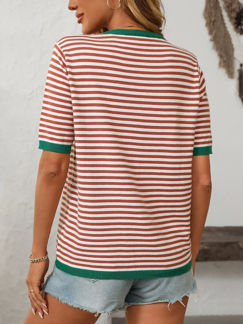 Striped Round Neck Half Sleeve Knit Top, image 7