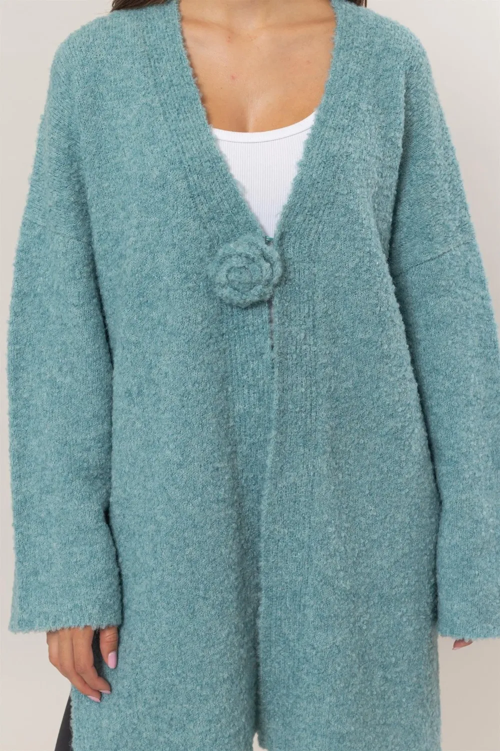 Front Rosette Longline Slit Sweater Cardigan, image 5