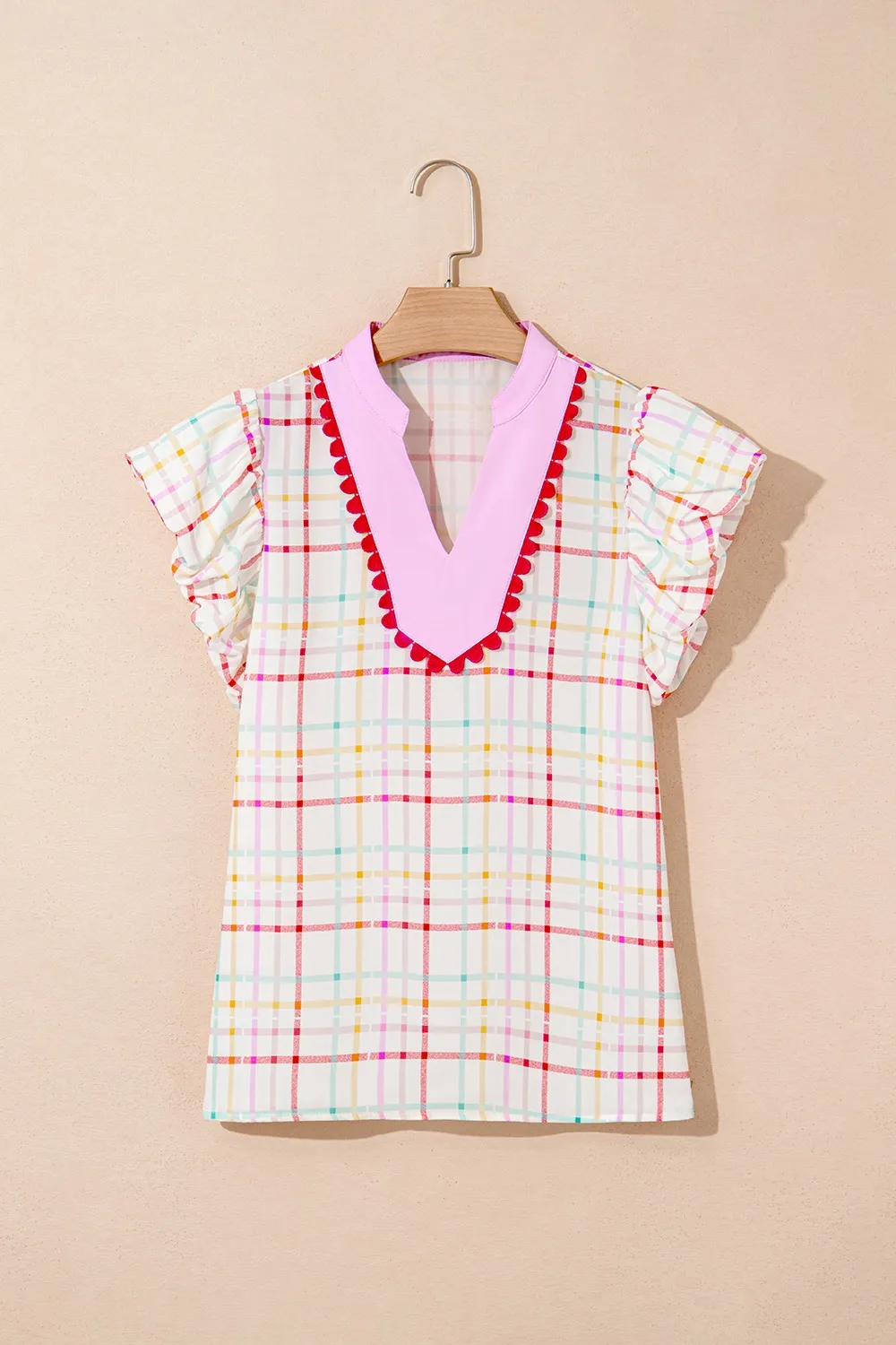 Plaid Flutter Sleeve Ric Rac Split V Neck Blouse, image 4