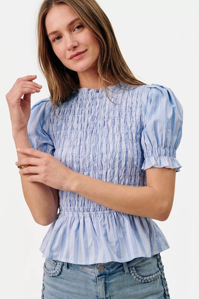 Stripe Smocked Bodice Puff Sleeves Blouse Top