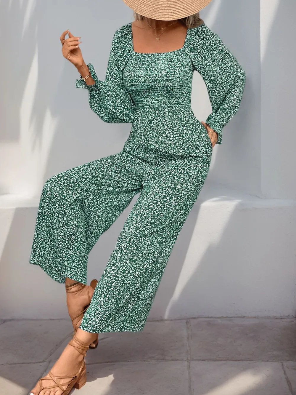 Smocked Printed Long Sleeve Wide Leg Jumpsuit, image 4