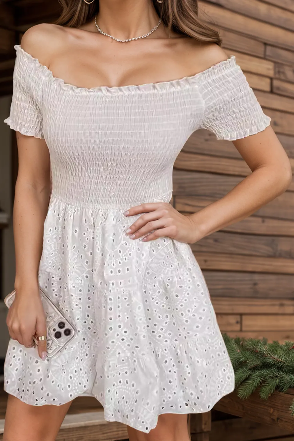 Smocked Off-Shoulder Short Sleeve Mini Dress, image 3