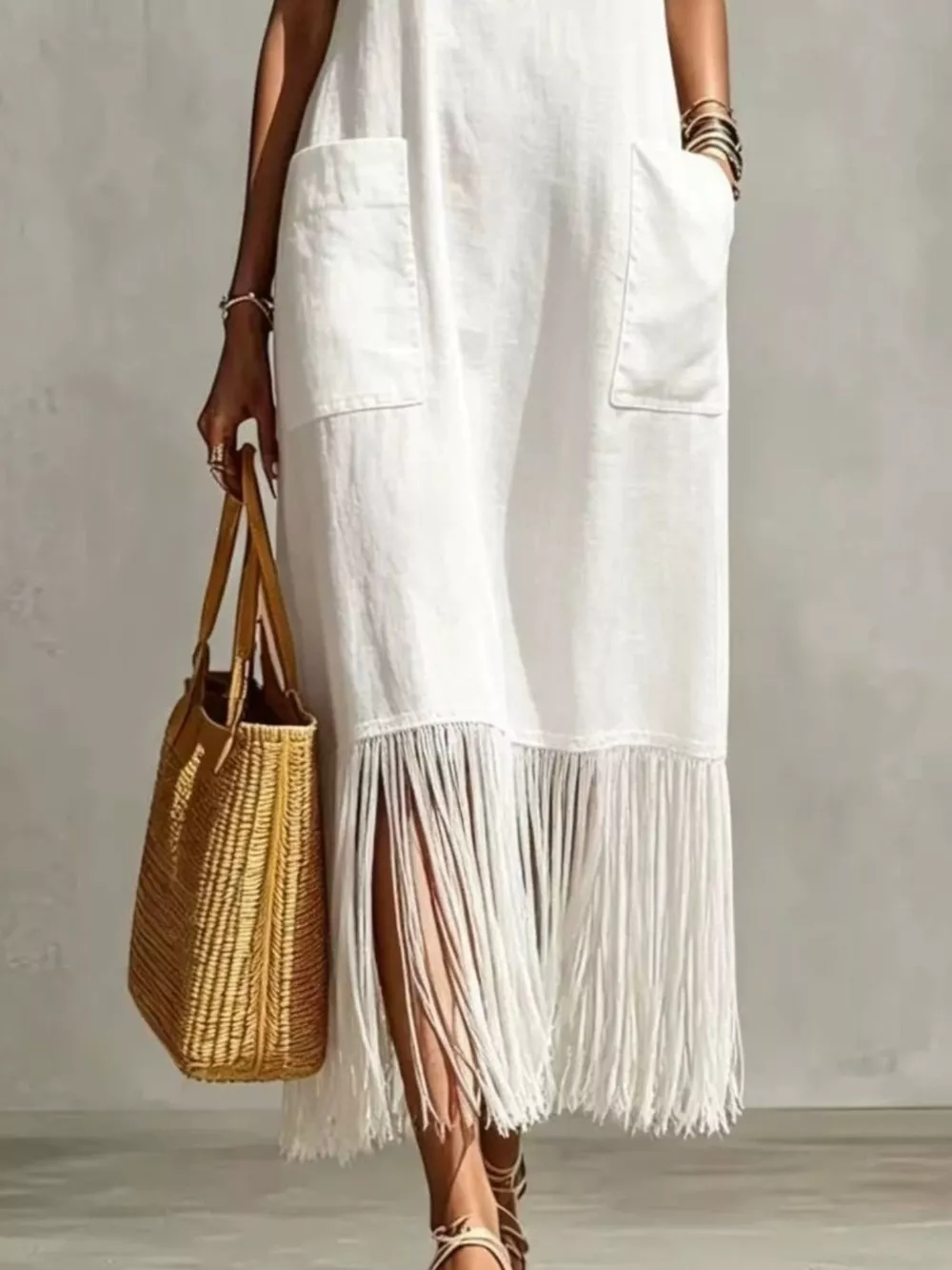 Full Size Fringe V-Neck Spaghetti Strap Dress Plus Size, image 8