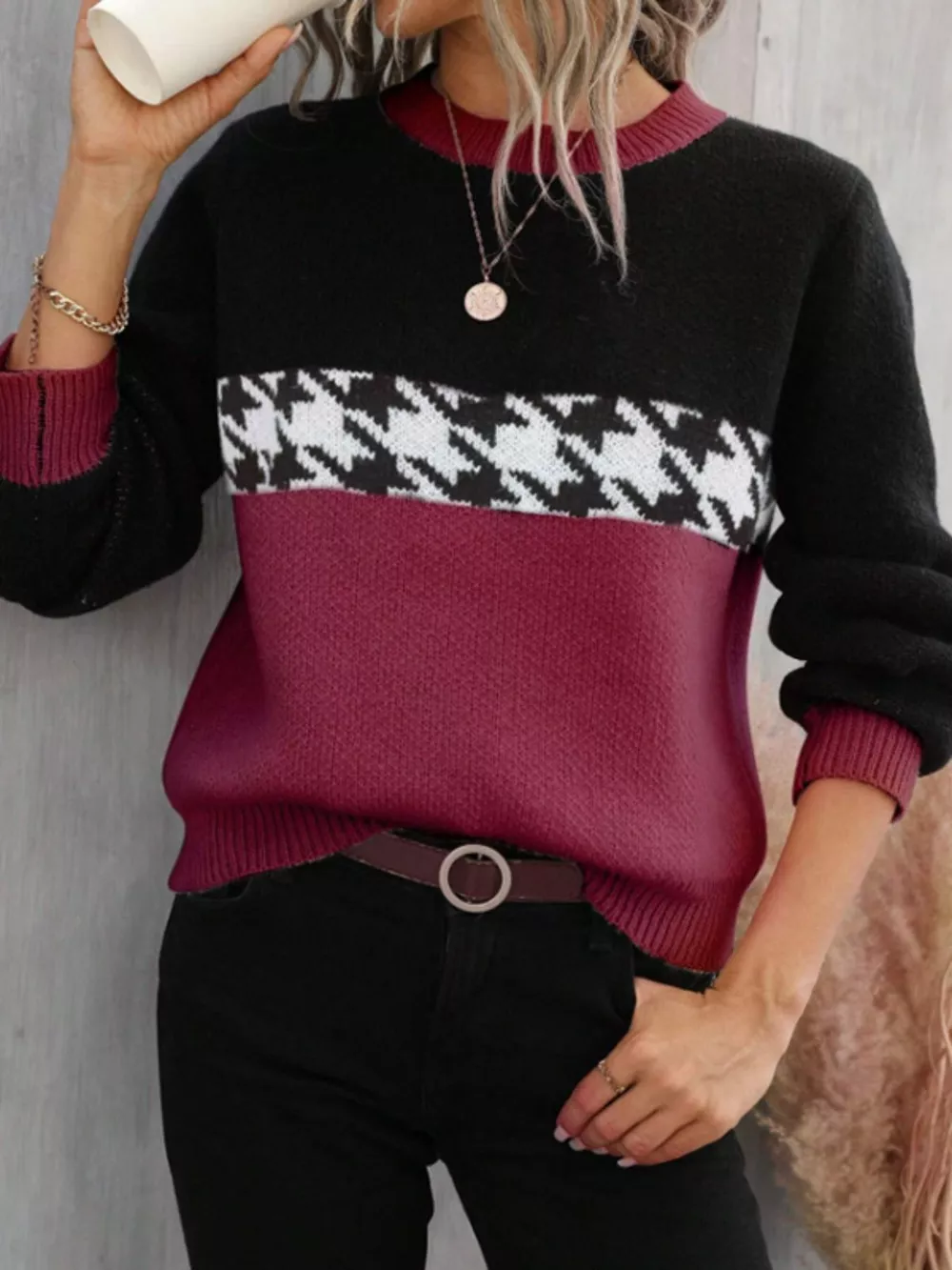 Houndstooth Pattern Color Block Sweater, image 11