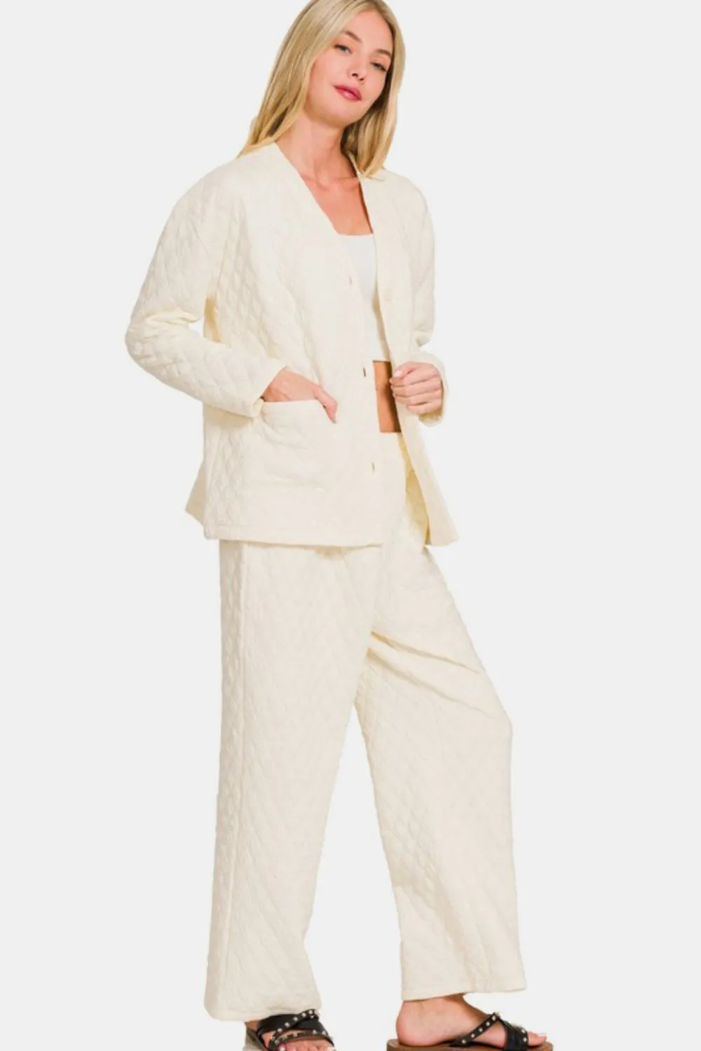 Quilted Button Up Long Sleeve Top and Pants Lounge Set, image 2