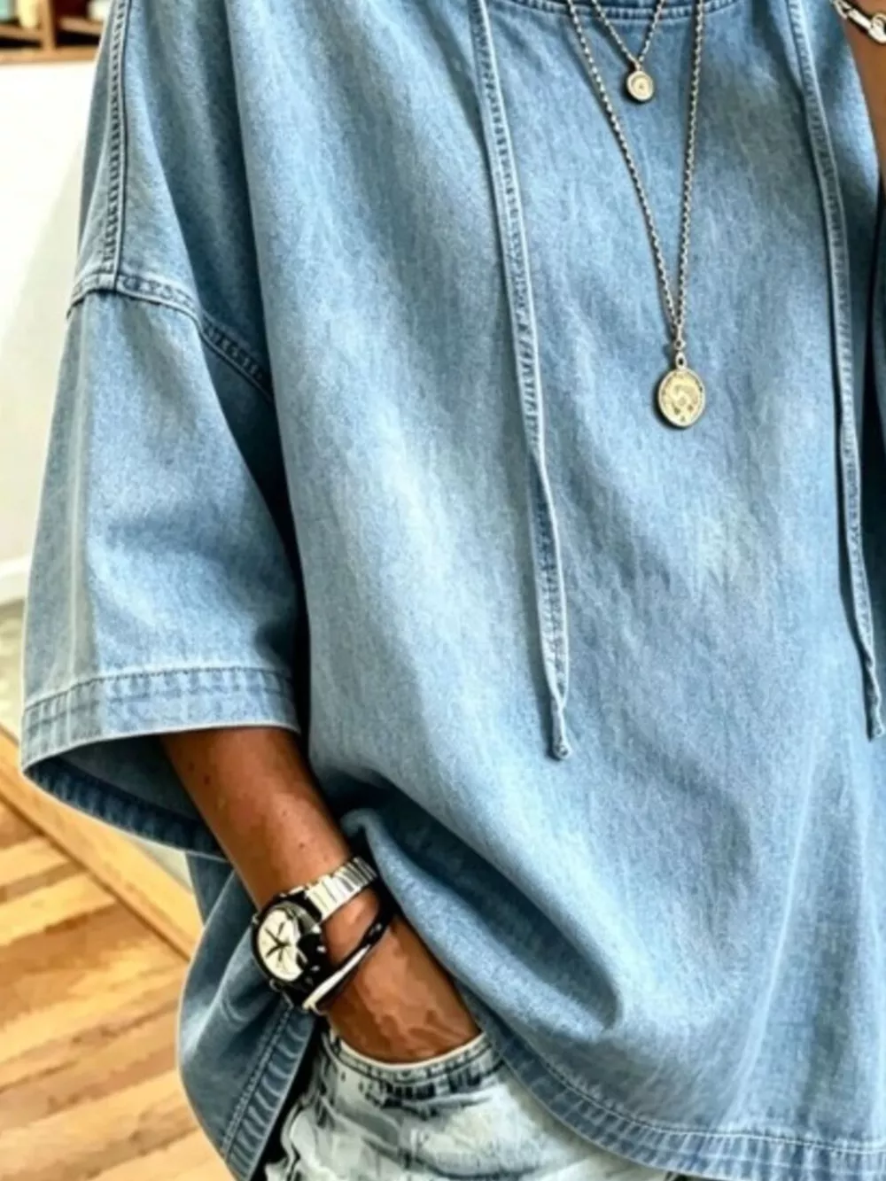 Full Size Oversized Washed Denim Hoodie Top Plus Size, image 3