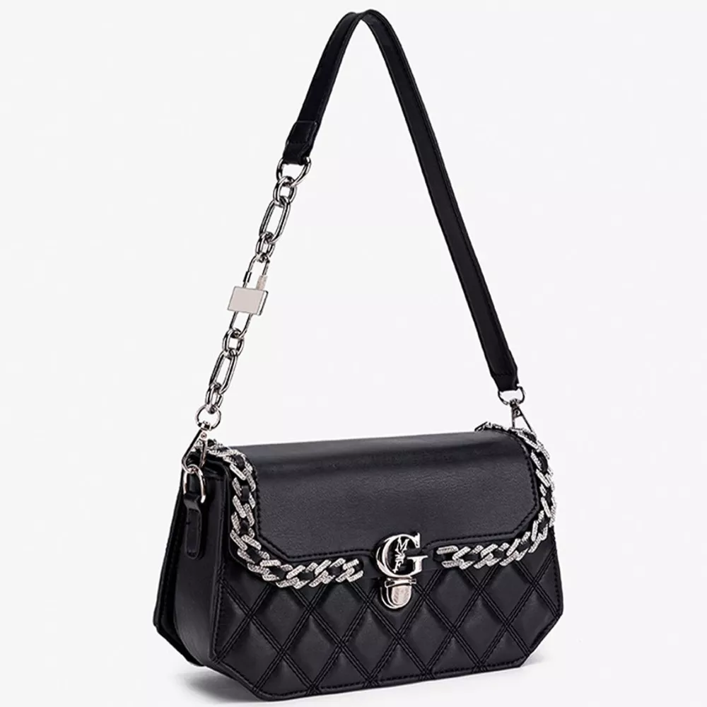 Quilted PU Leather Crossbody Bag with Rhinestone Decor, image 3