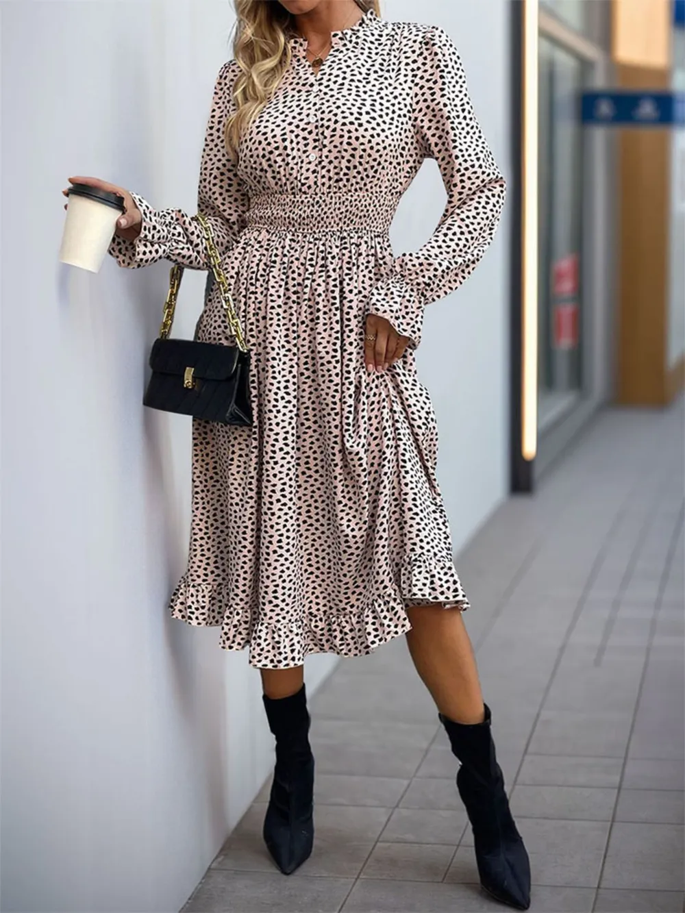 Ruched Ruffled Leopard Long Sleeve Dress, image 3