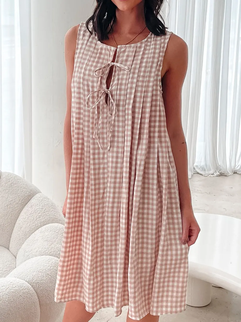 Tied Front Sleeveless Plaid Dress, image 2