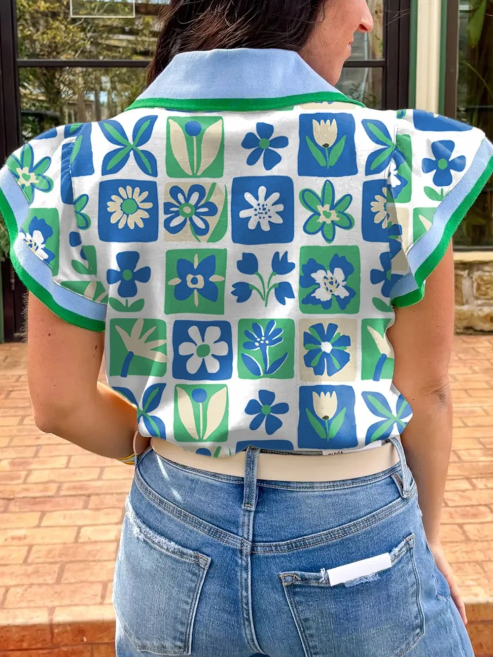 Floral Print Collared Blouse with Flutter Sleeves, image 2