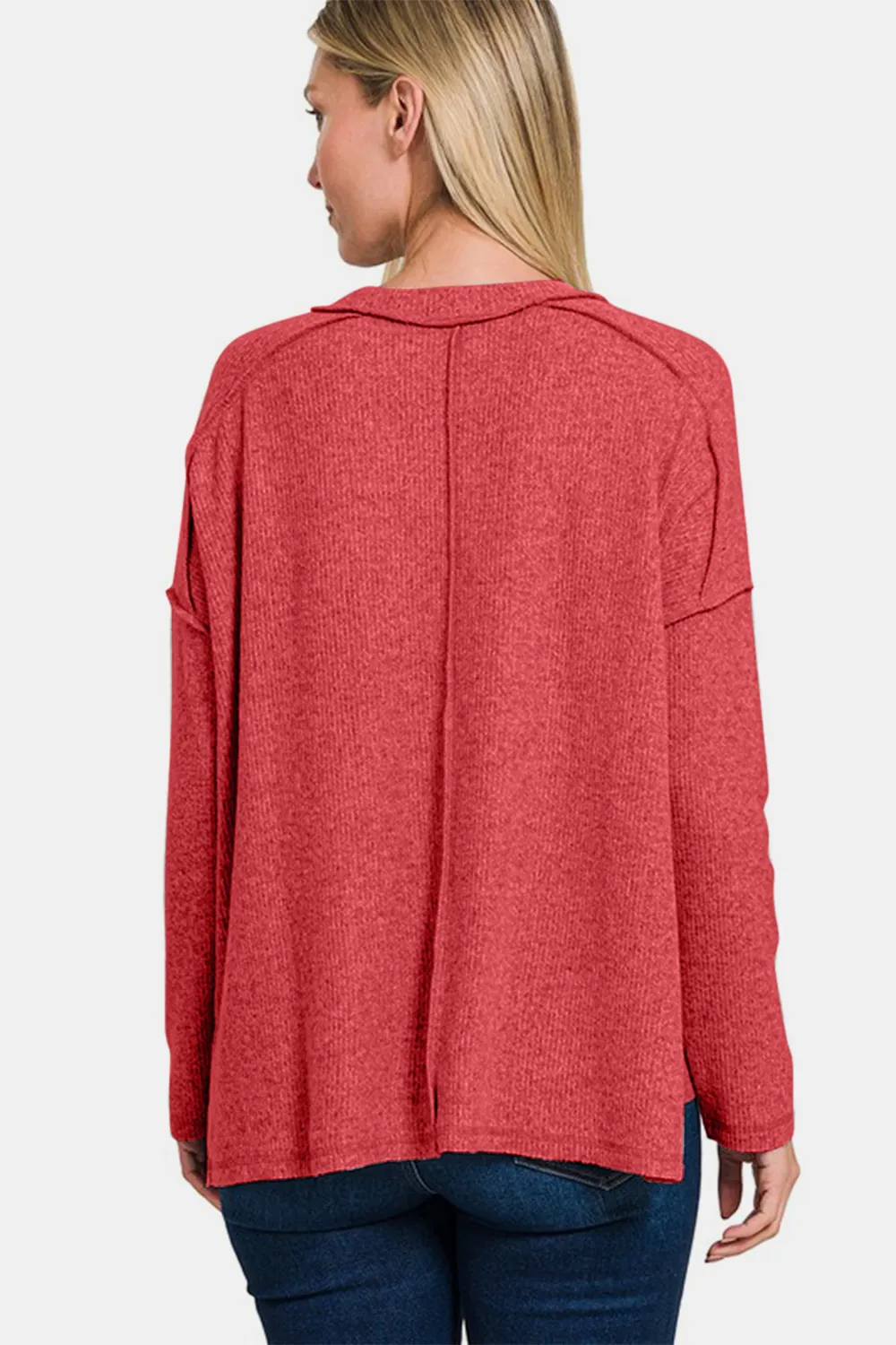 Full Size Exposed Seam Brushed Round Neck Sweater, image 2