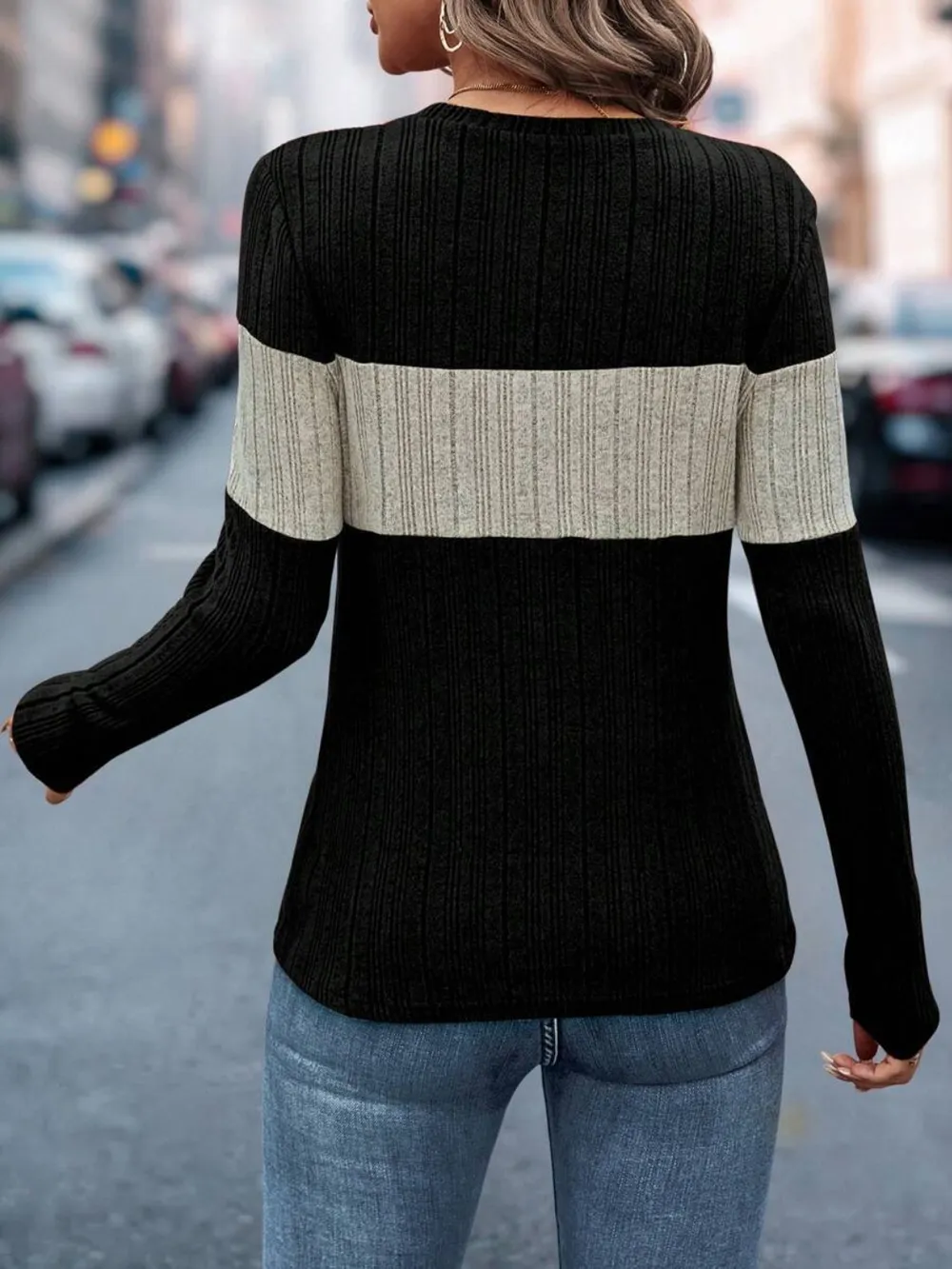 Color Block Round Neck Long Sleeve Top, image 17