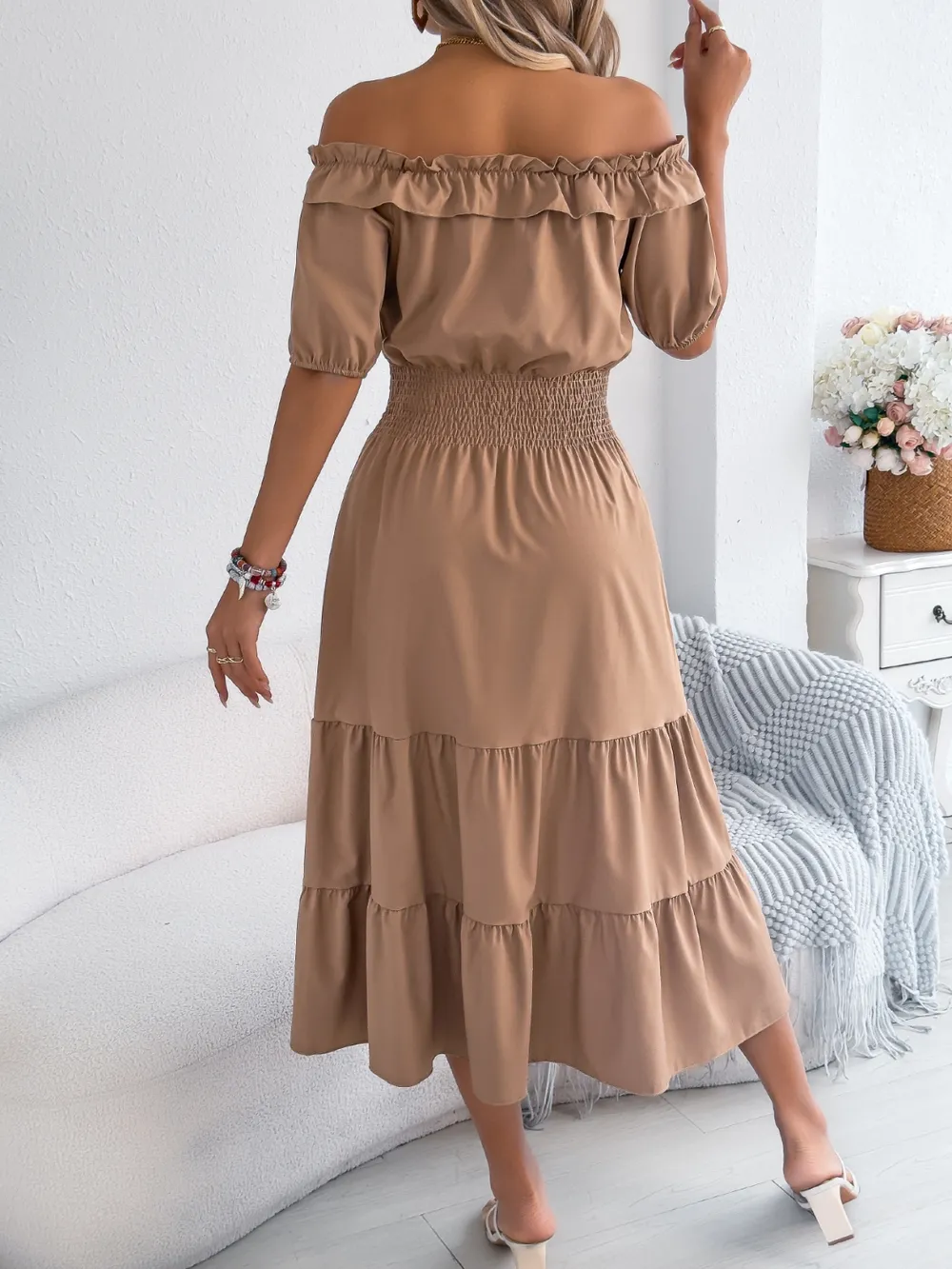 Smocked Off-Shoulder Tiered Dress, image 5