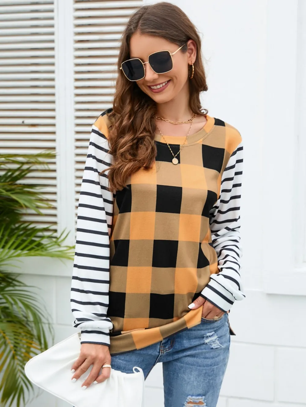 Plaid Striped Round Neck Long Sleeve T-Shirt, image 5