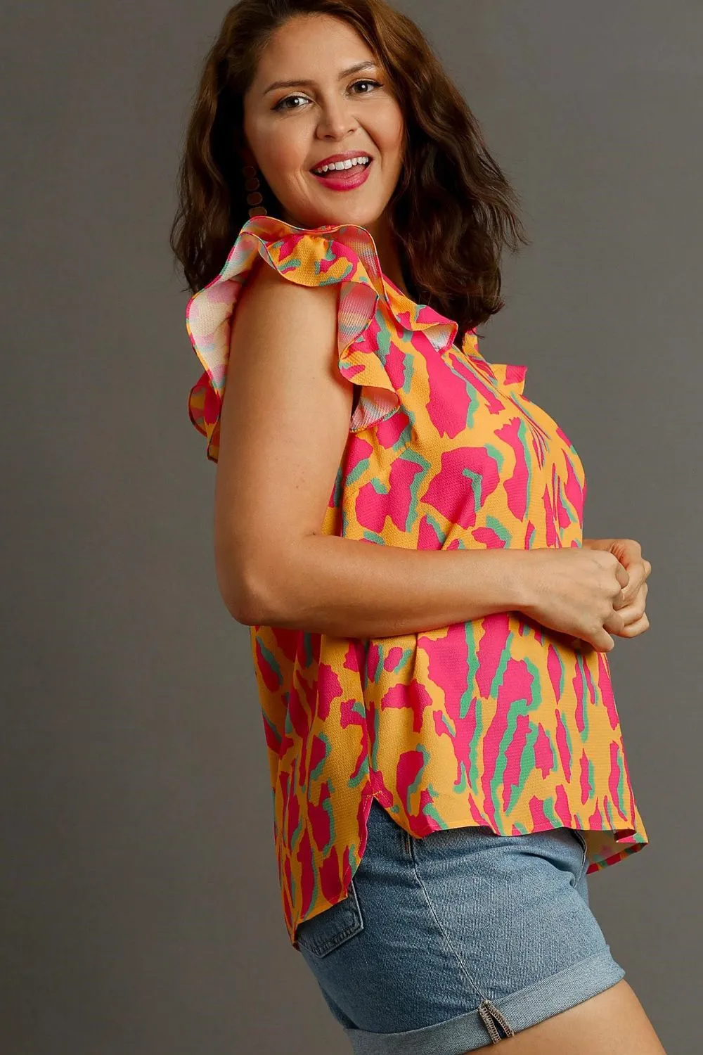 Full Size Abstract Print V-Neck Double Layer Ruffle Sleeve Blouse Plus Size, image 6