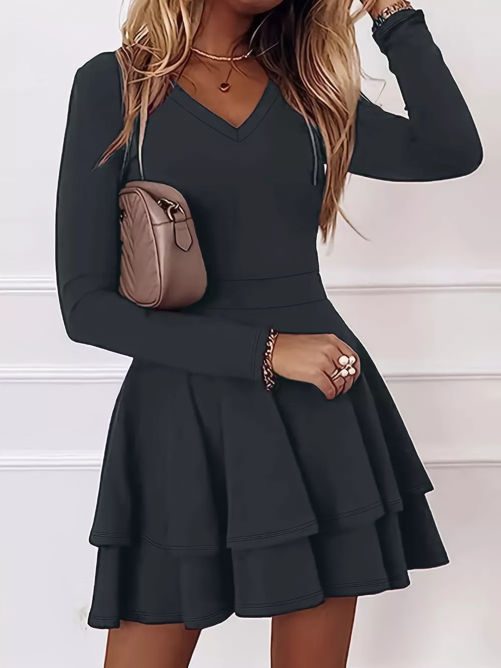 V-Neck Layered Ruffle Mini Dress, image 9