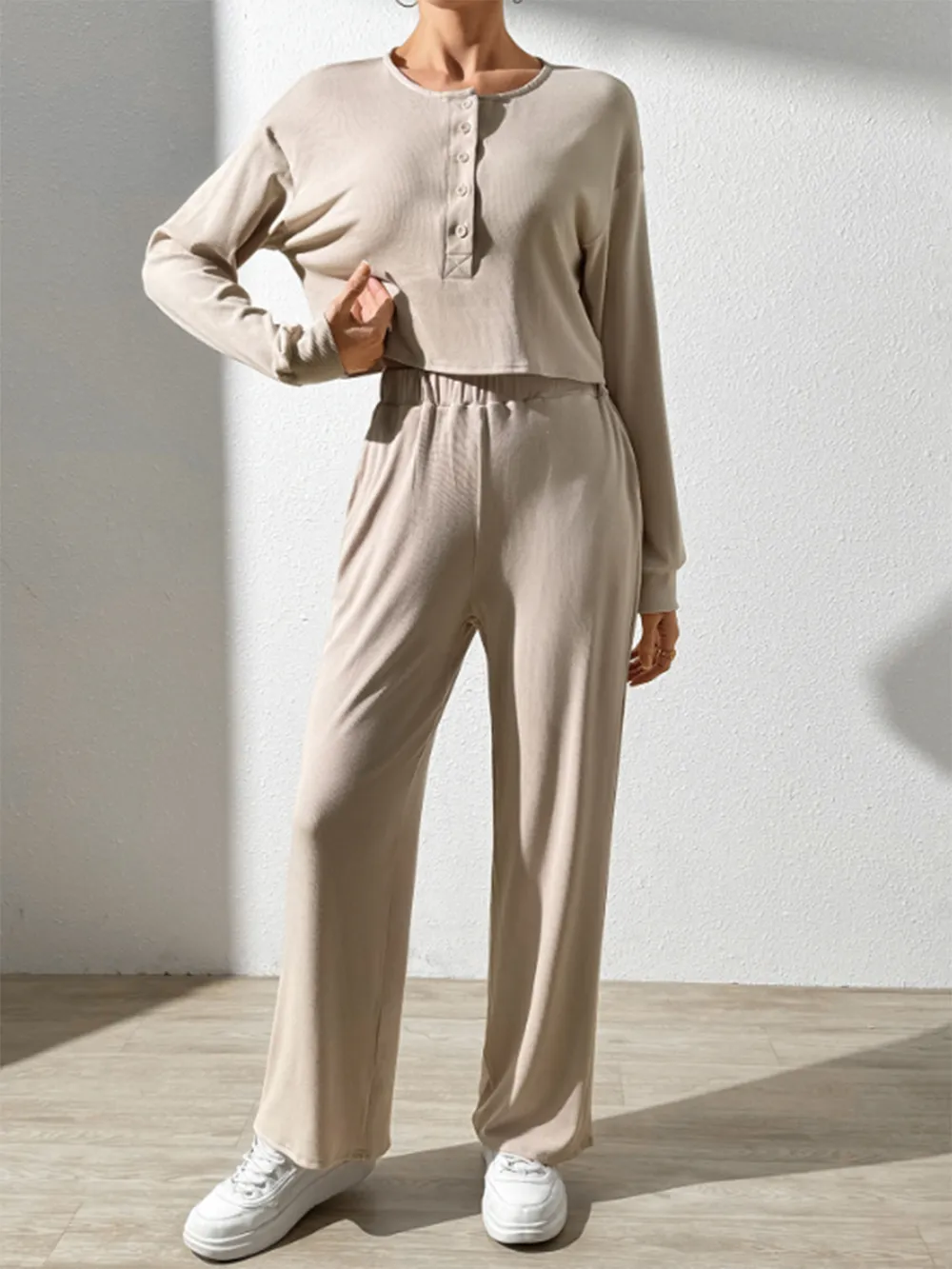 Half Button Long Sleeve Top and Pants Set, image 3