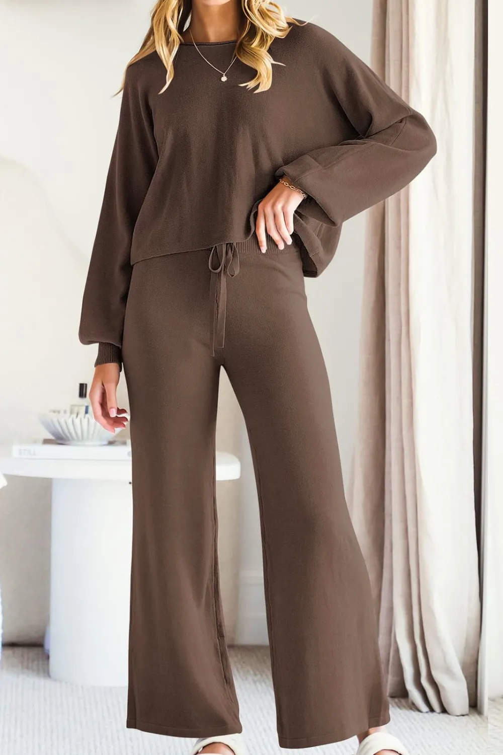 Round Neck Long Sleeve Top and Pants Set, image 2