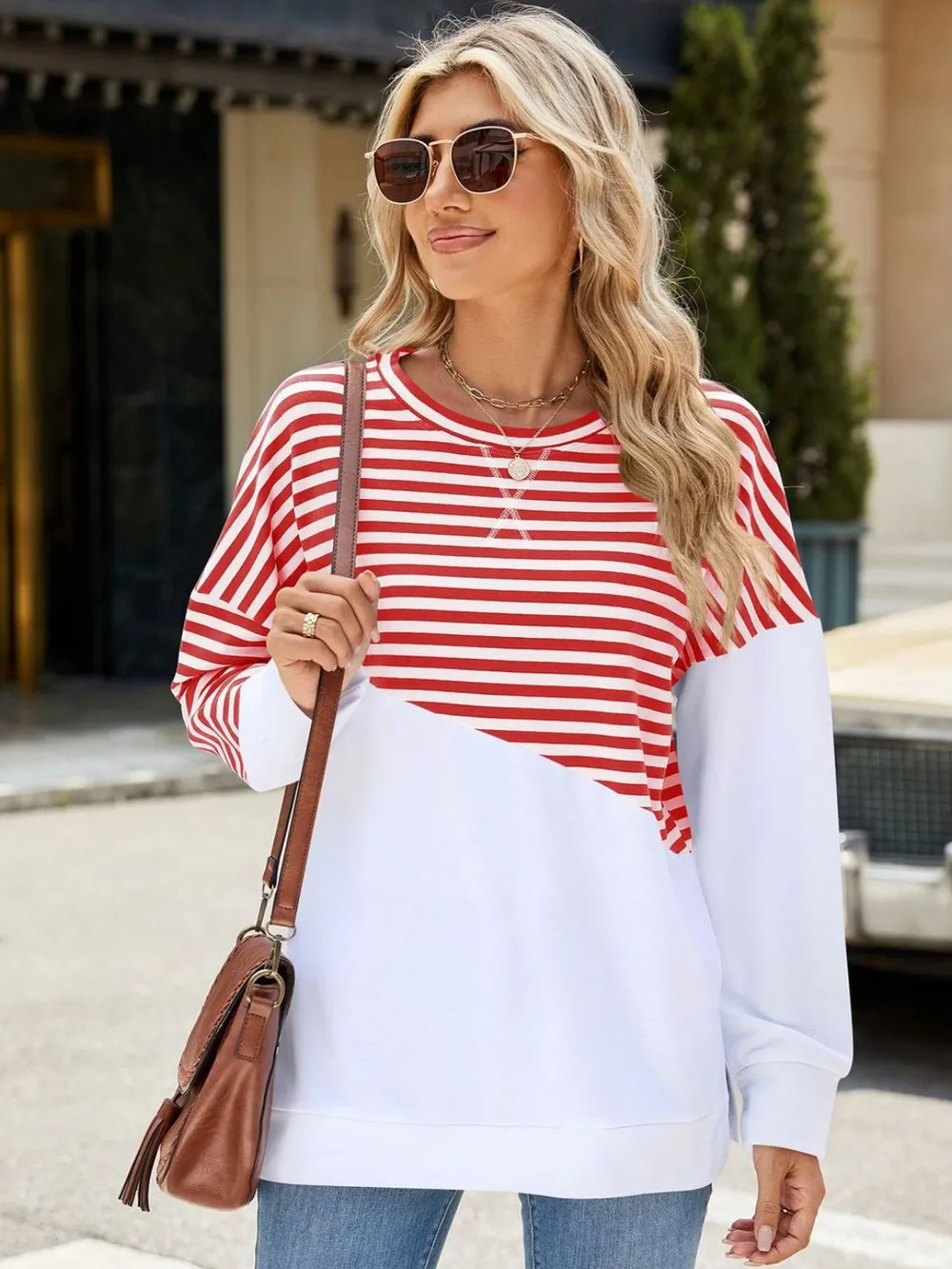 Slit Contrast Striped Long Sleeve Sweatshirt, image 8
