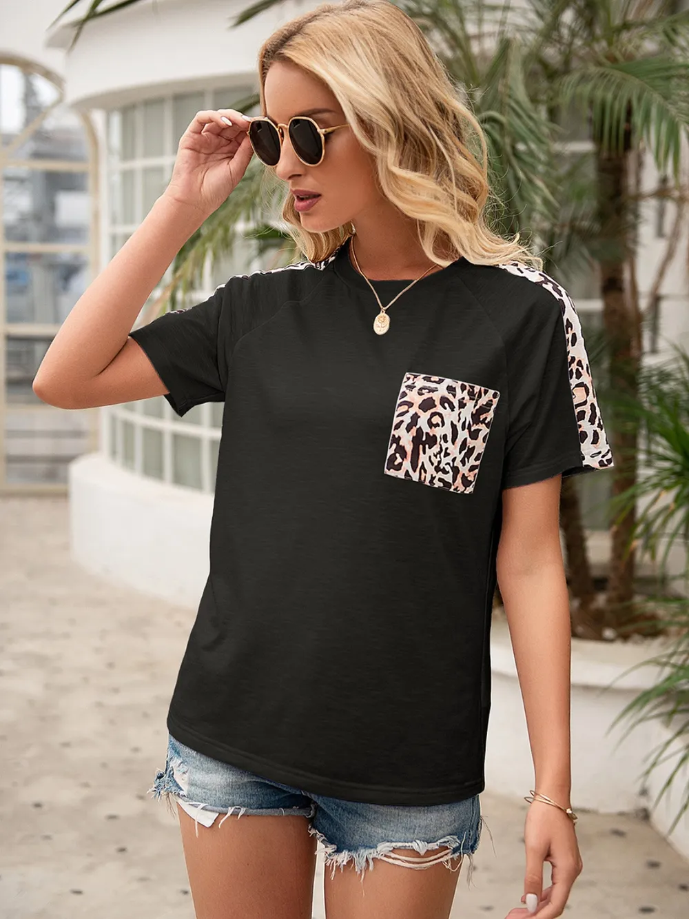 Pocketed Leopard Round Neck Short Sleeve T-Shirt, image 19