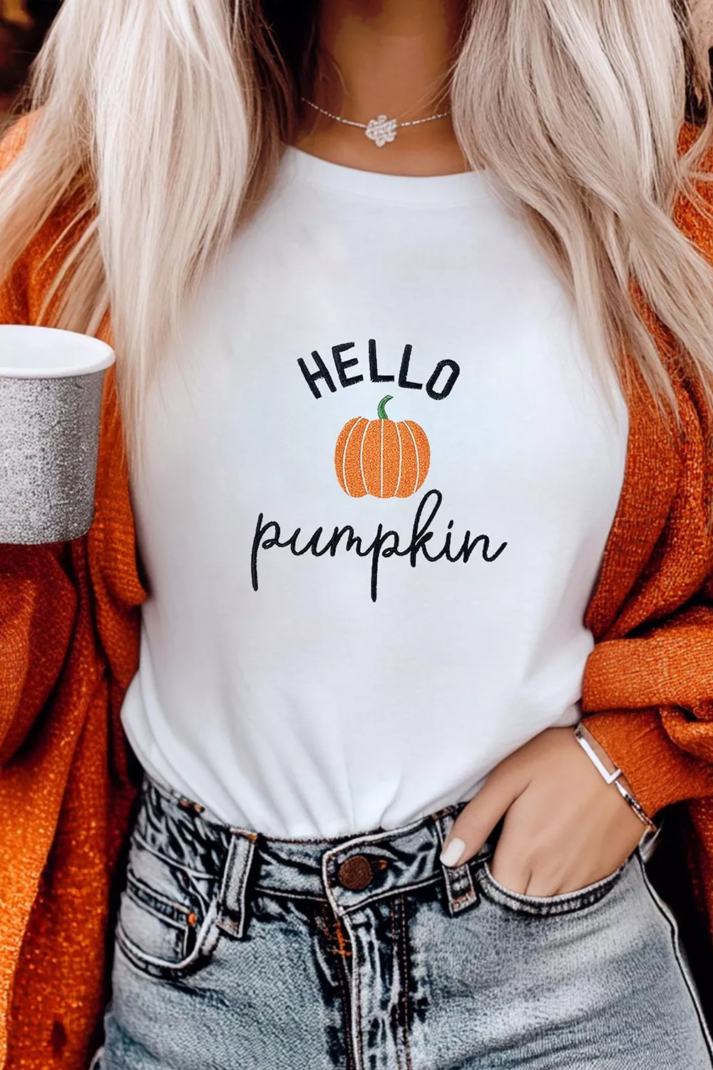 Embroidered Pumpkin Slogan Short Sleeve T-Shirt, image 4
