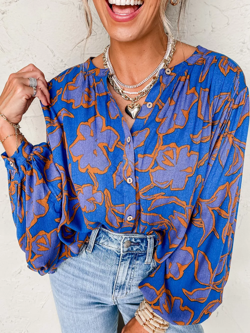 Floral Print Batwing Sleeve Buttoned Loose Fit Shirt, image 5