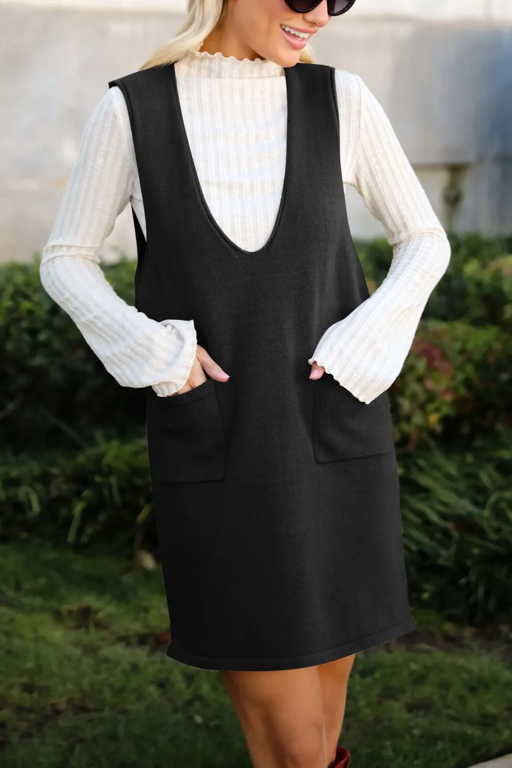 Pocketed V-Neck Mini Sweater Overall Dress, image 18