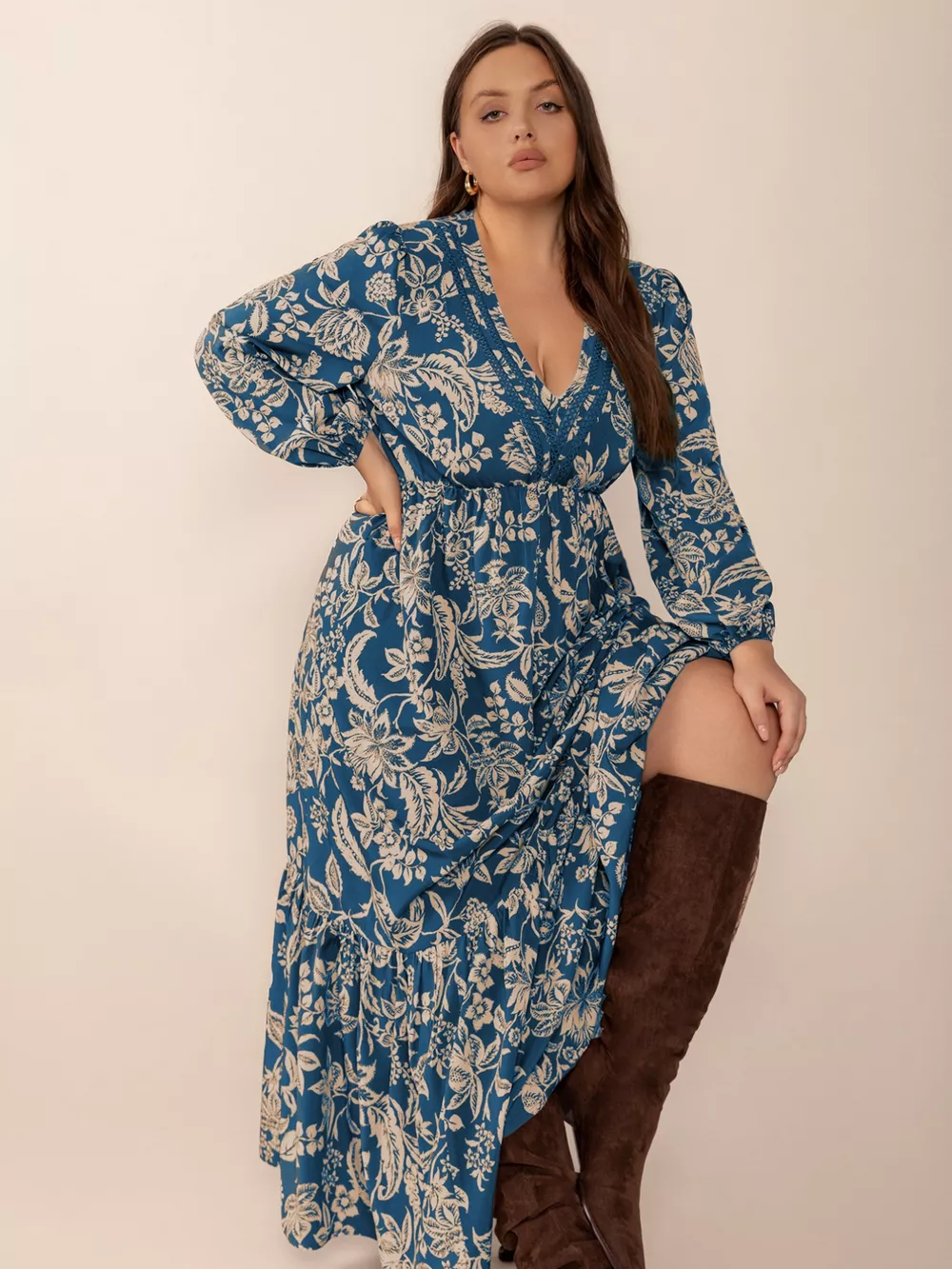 Plus Size Boho Floral Print Long Sleeve Maxi Dress, image 4