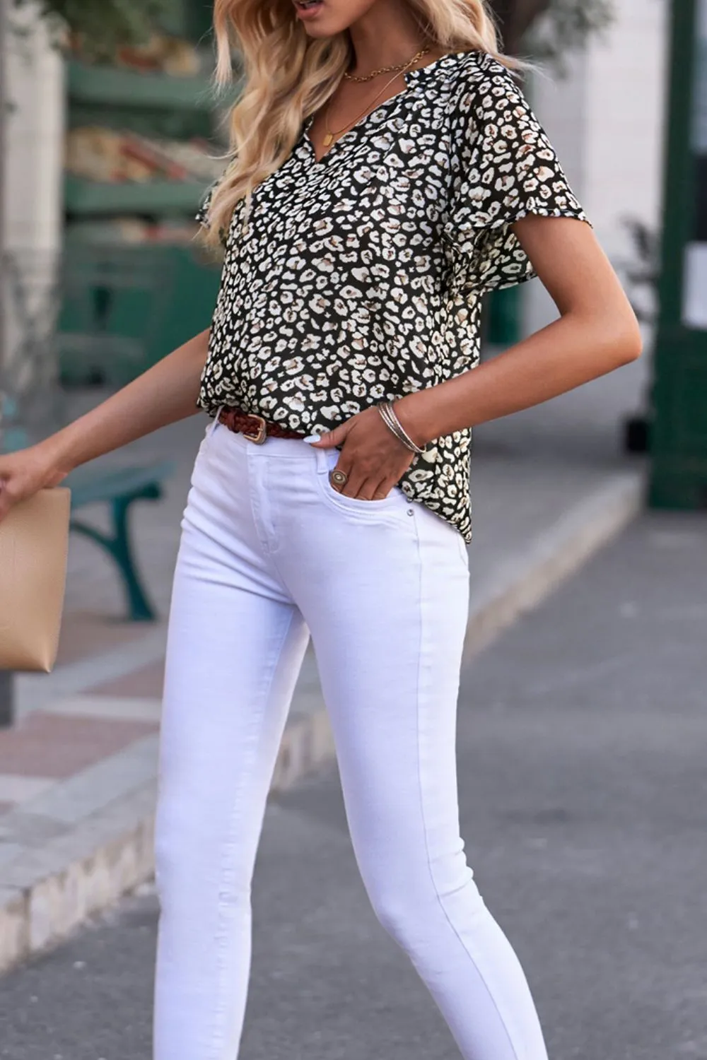 Flutter Sleeve Notched Floral Summer Blouse, image 6