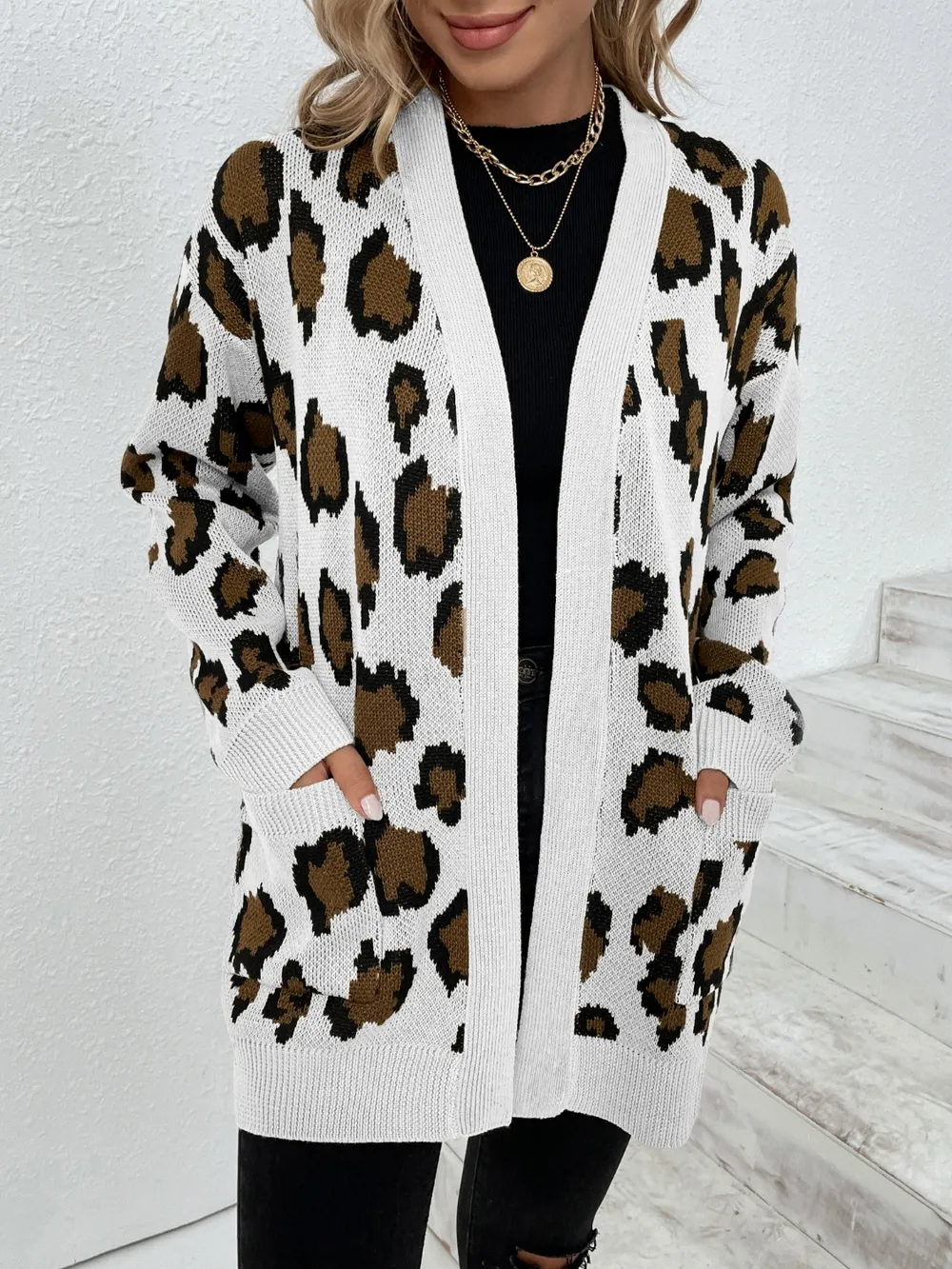 Leopard Open Front Dropped Shoulder Cardigan, image 8