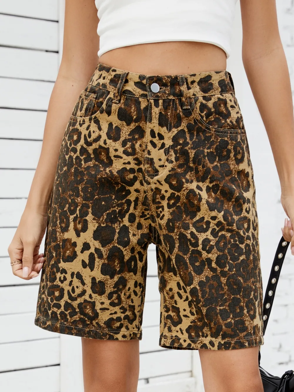 Leopard High Waist Denim Shorts, image 3
