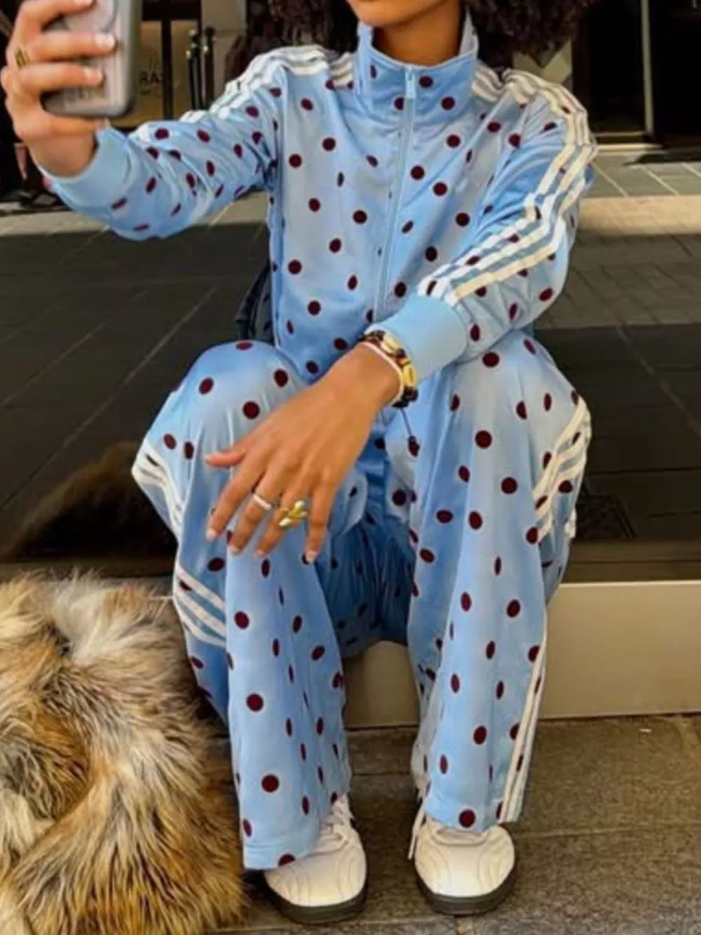 Polka Dot Side Striped Outerwear and Pants Set, image 5
