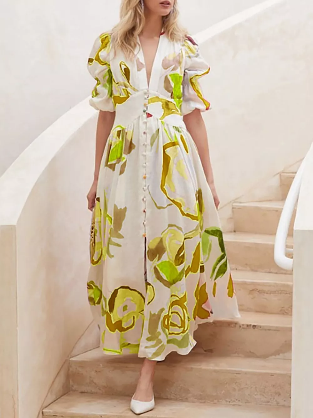 Full Size Abstract Print Puff Sleeve Midi Dress Plus Size, image 4