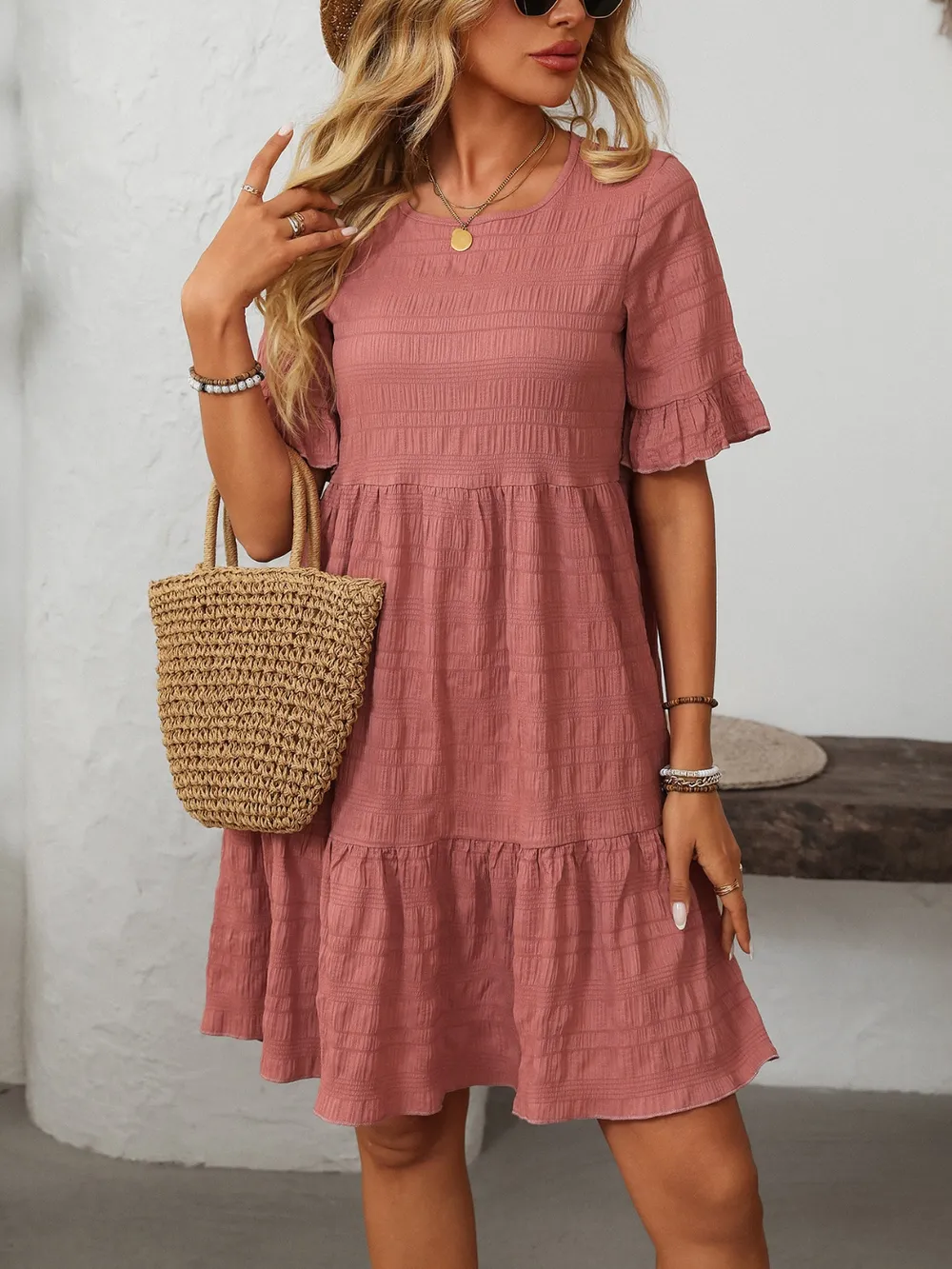 Ruffled Ruched Round Neck Half Sleeve Dress, image 6
