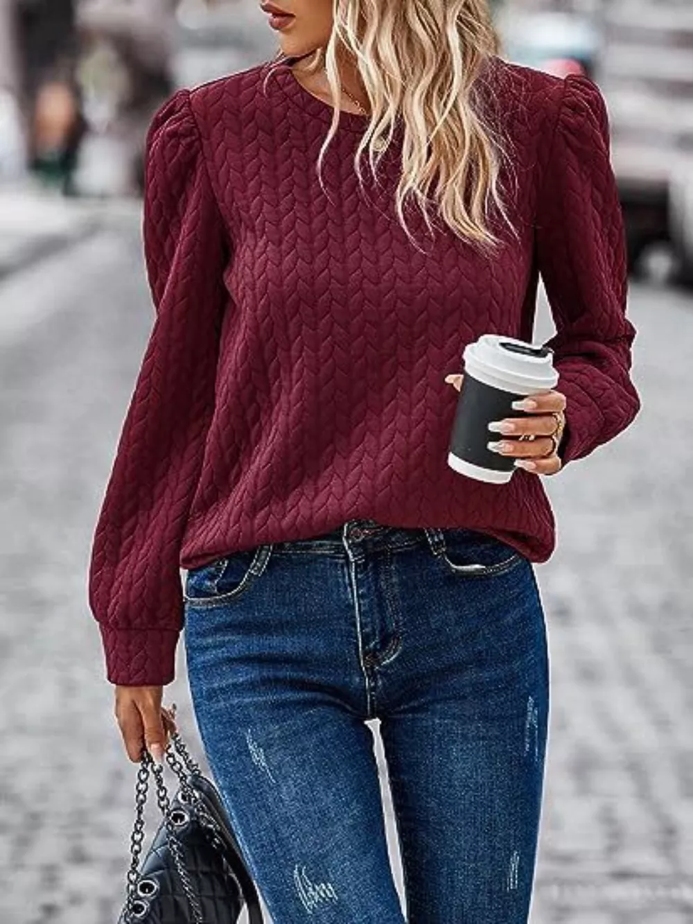 Textured Round Neck Long Sleeve Blouse, image 17