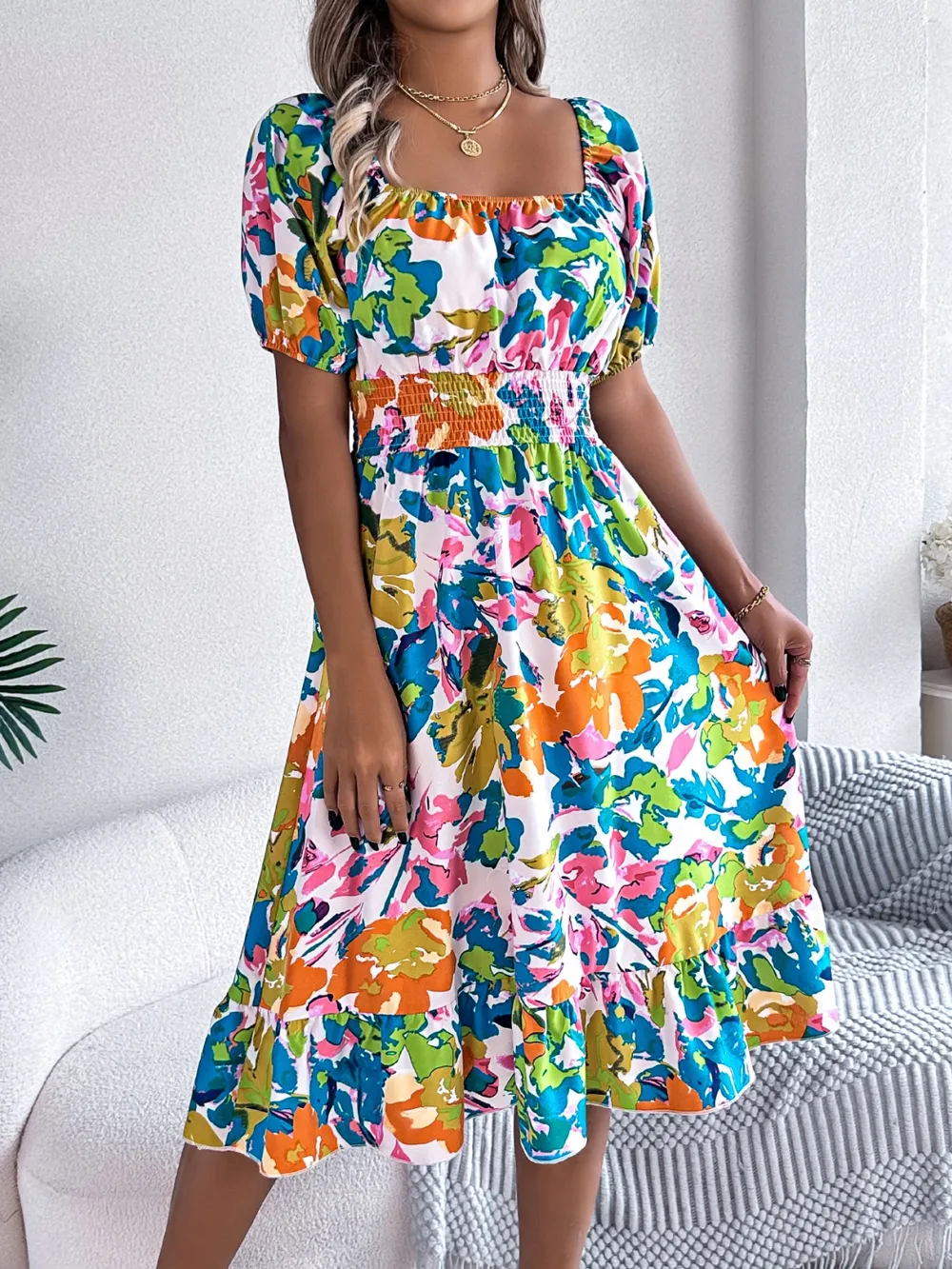 Ruffled Hem Smocked Floral Short Sleeve Midi Dress, image 6